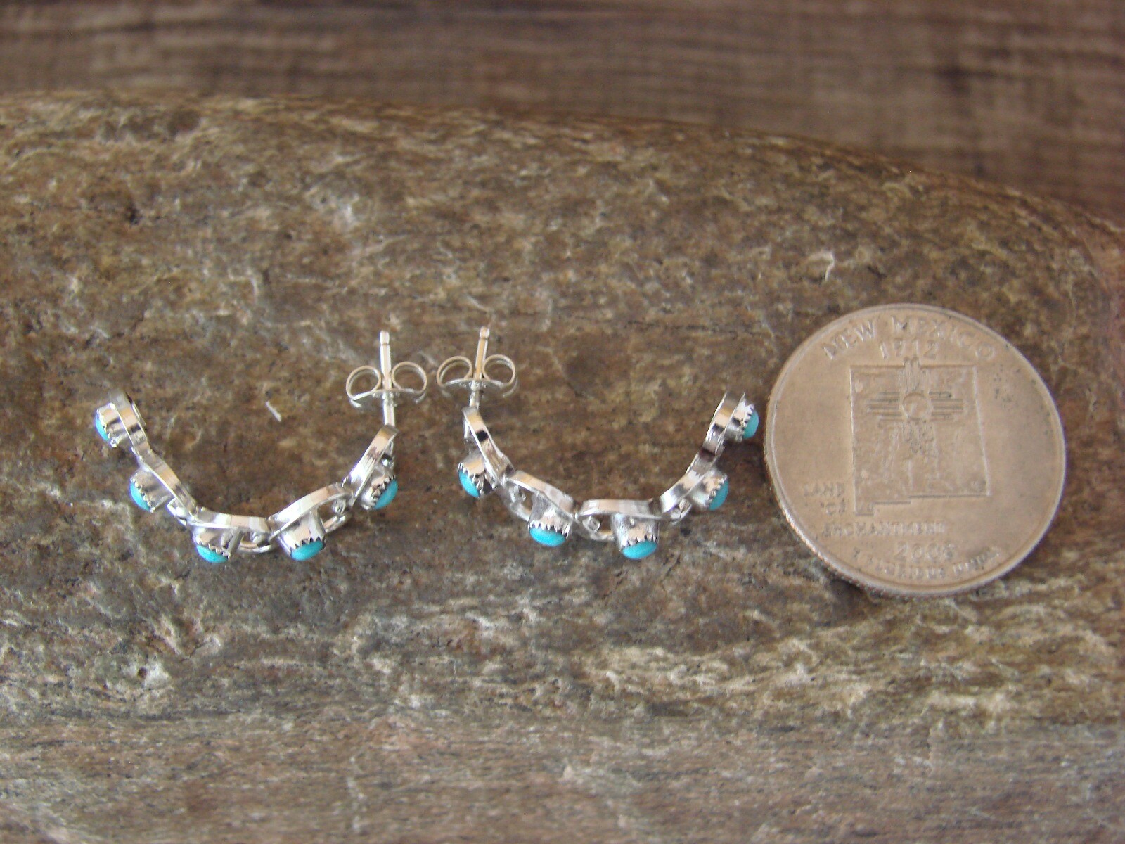 Zuni Indian Sterling Silver Turquoise Heart Hoop Post Earrings