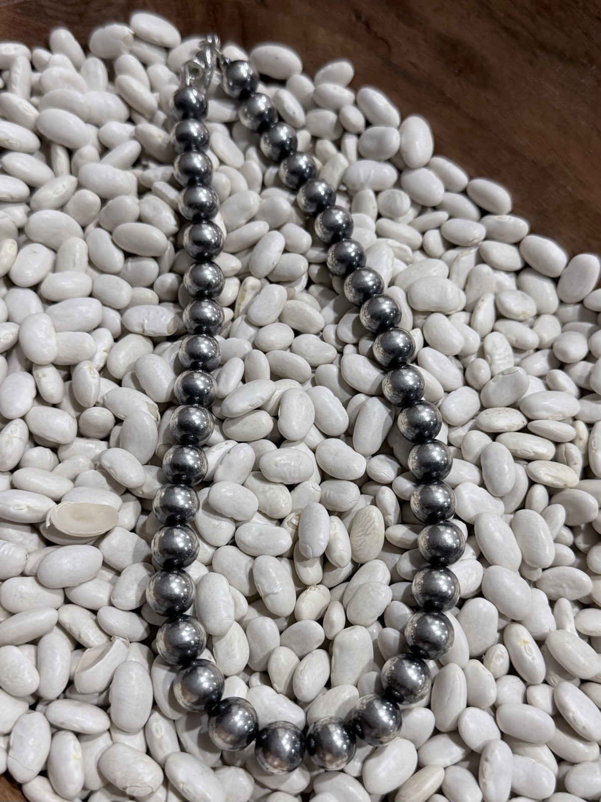 Sterling Silver 10mm Stamped Pearls Bead Necklace. 16 Inch