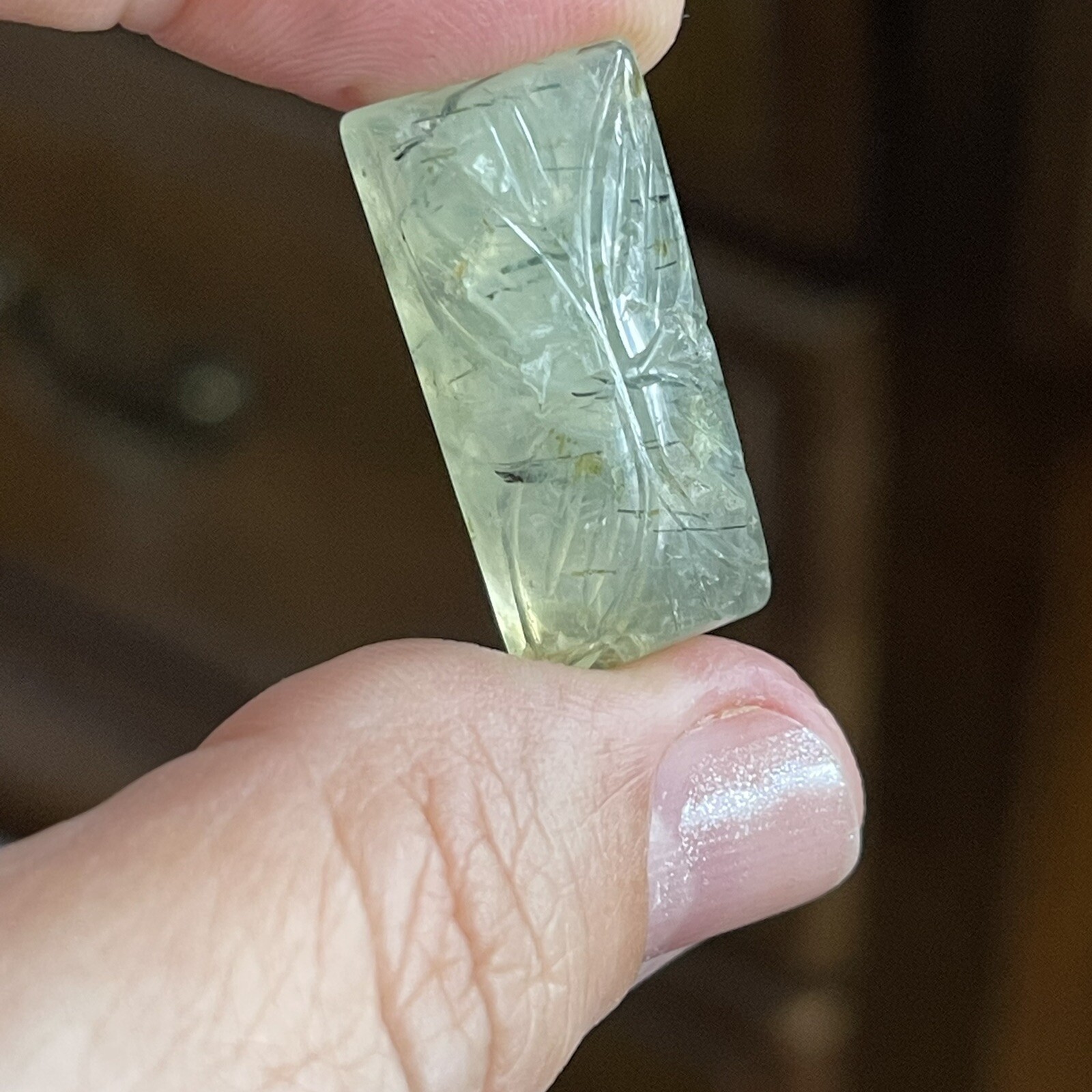 26.3×13.2×7.6mm Carved Rectangle Pale Green Prehnite Cabochon Loose Stone