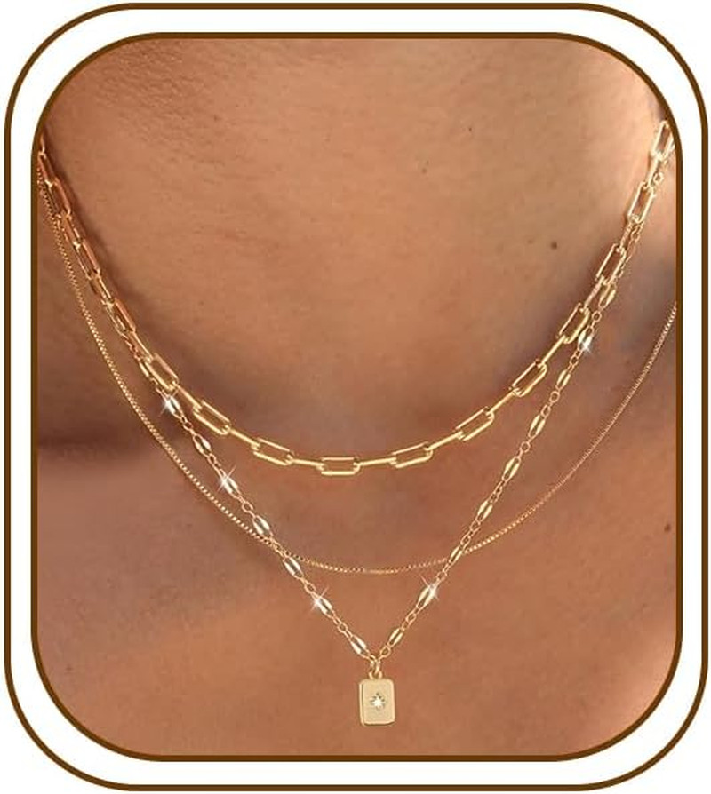 Layered Gold Necklaces for Women Trendy, 3 Pcs 14K Gold Plated Choker Paperclip