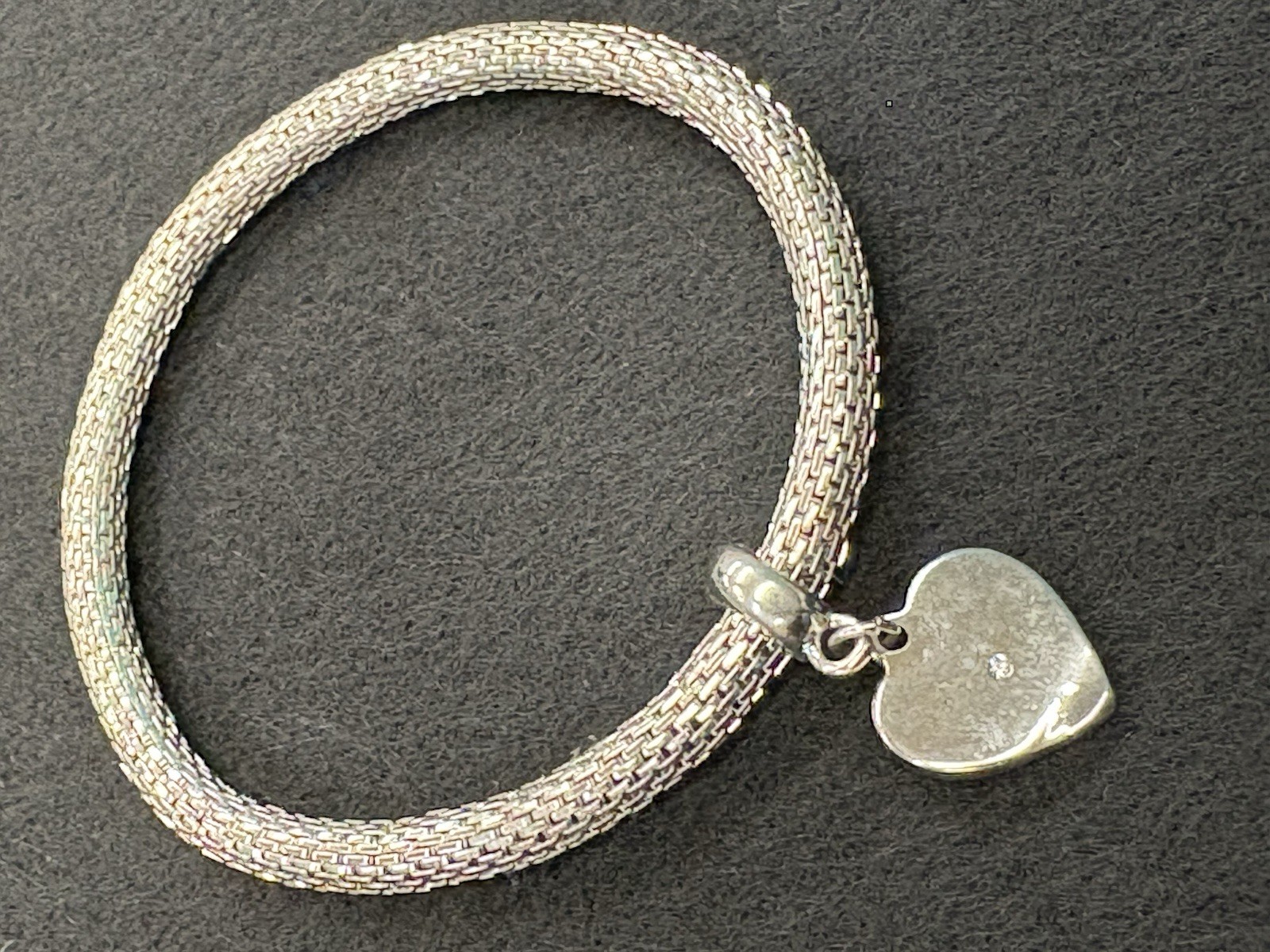 Silver Toned Mesh Bracelet With Rhinestone Heart Charm • Stretch Mesh
