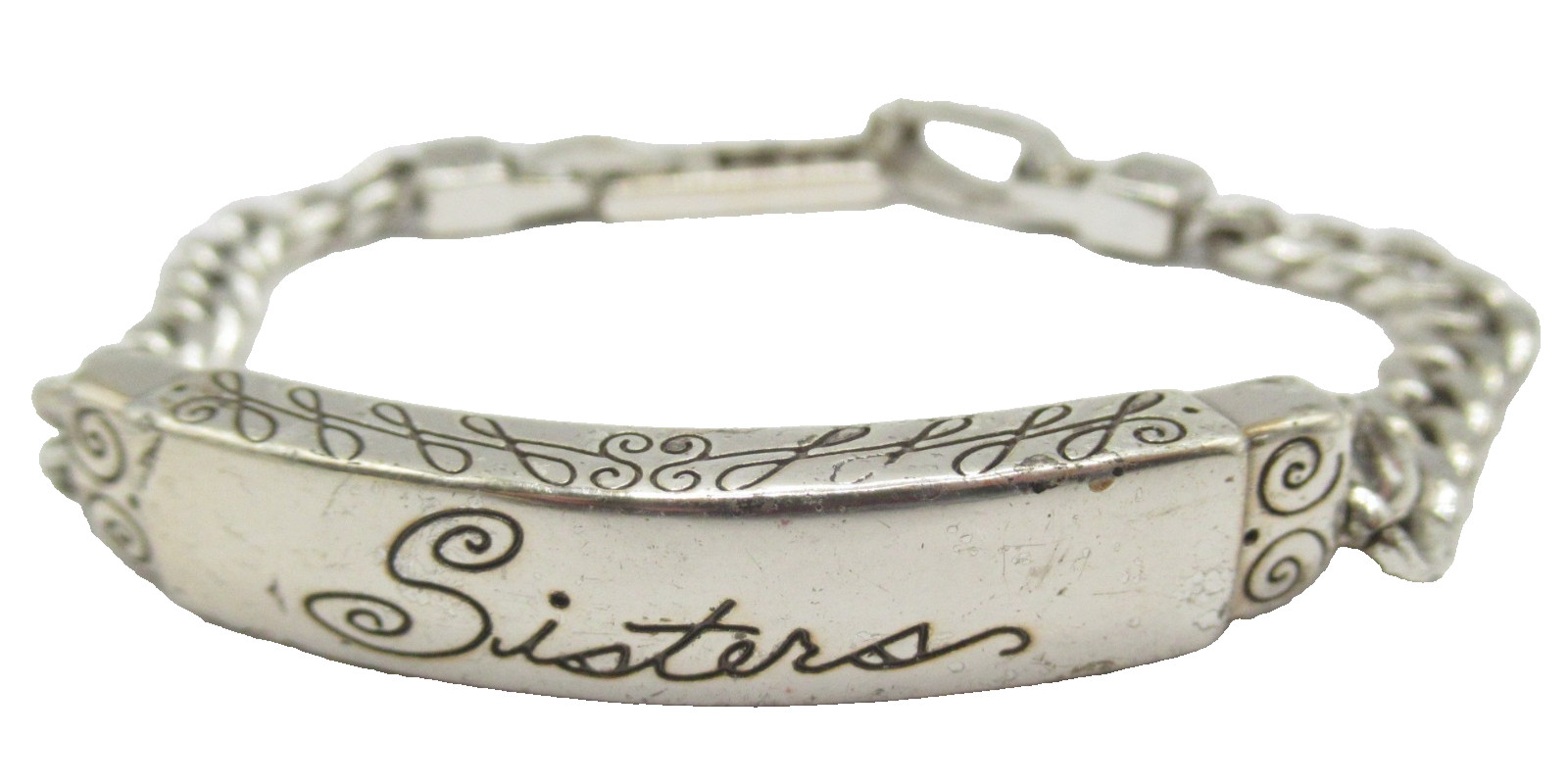 Brighton Chain ID Bracelet says “Sisters” Vintage Signed Etched Scrolled Design