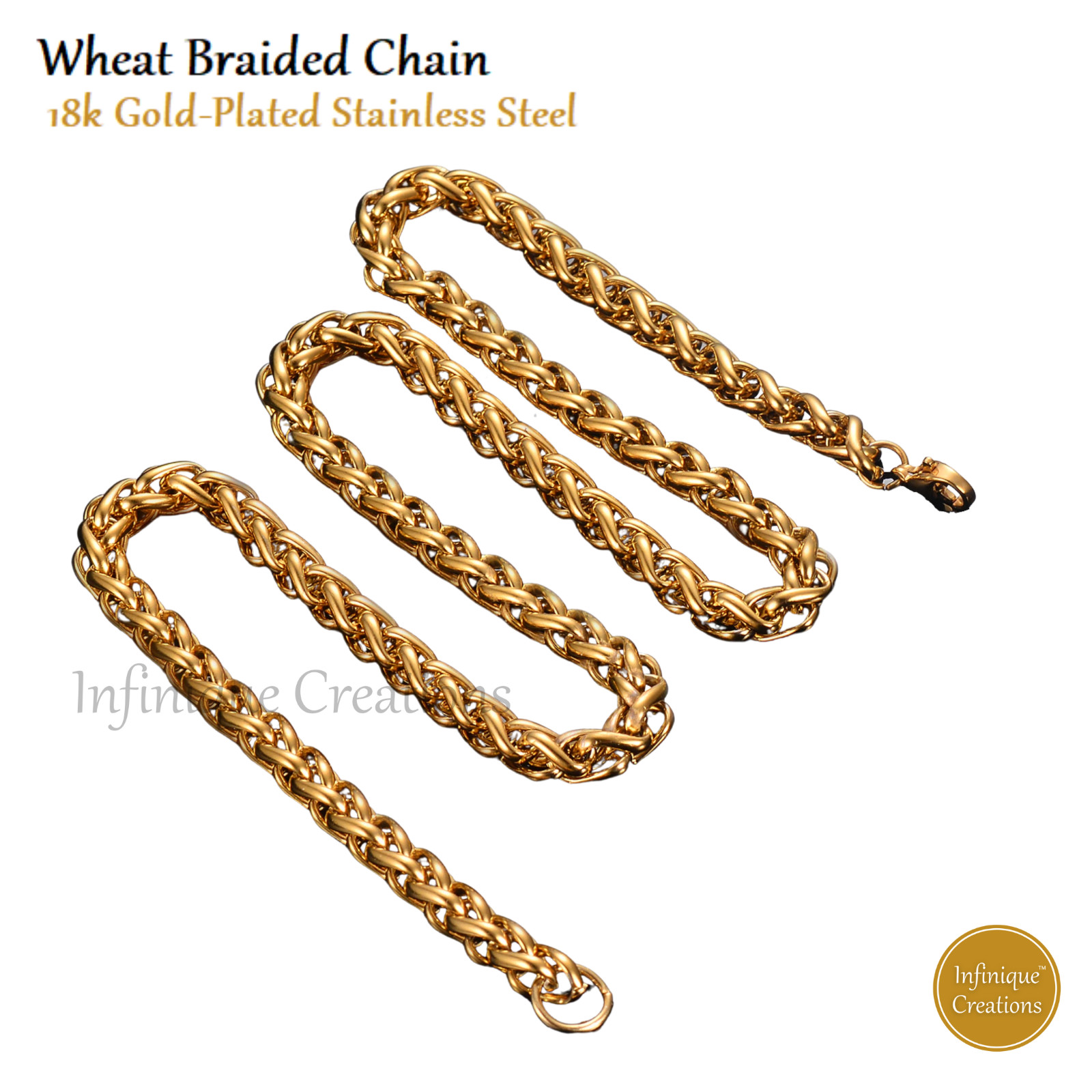 Stainless Steel Wheat Braided Chain 18K Gold Plated 7-38″ Men Bracelet Necklace