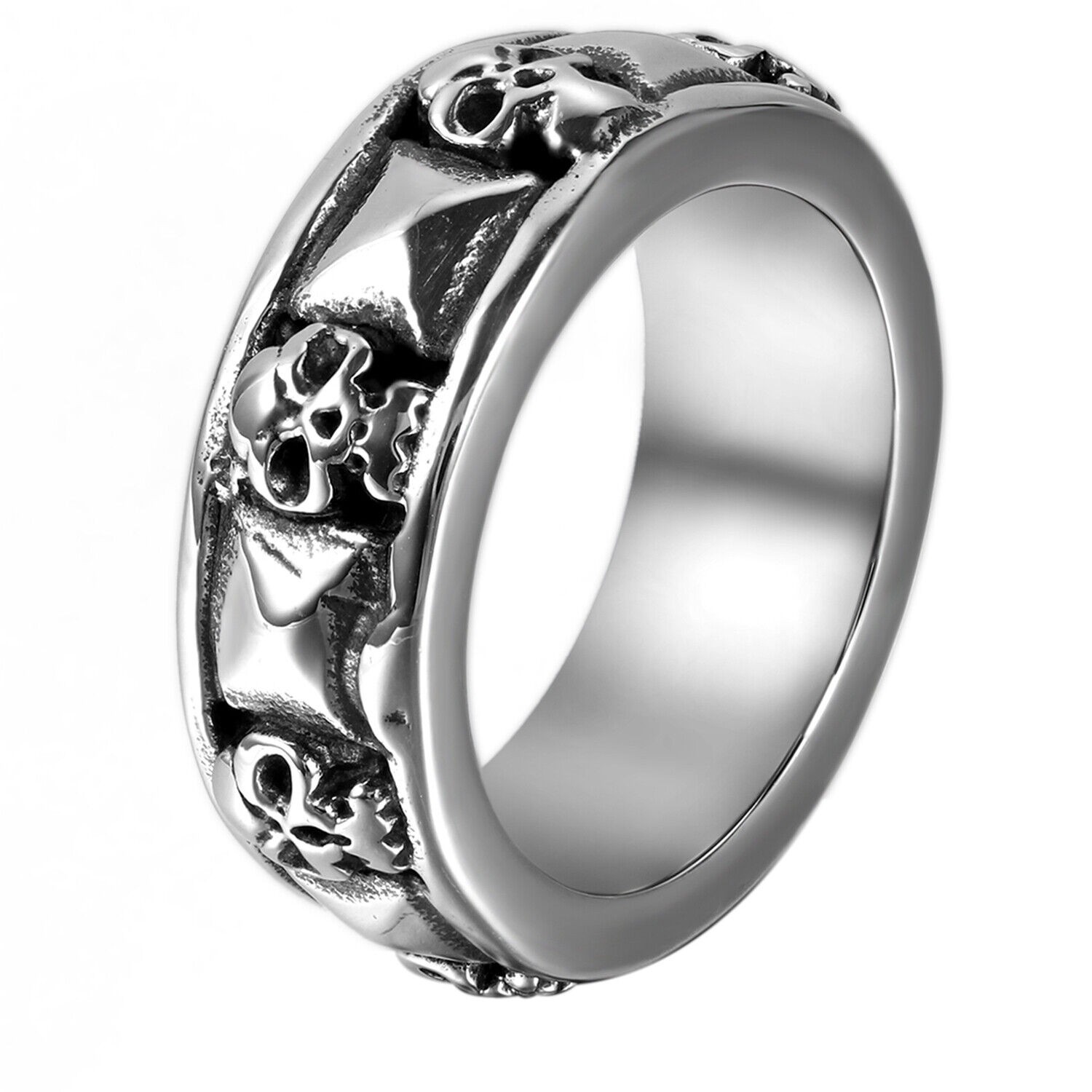 Men’s Punk Gothic Biker Skeleton Skull Playing Card Ring Stainless Steel Band US