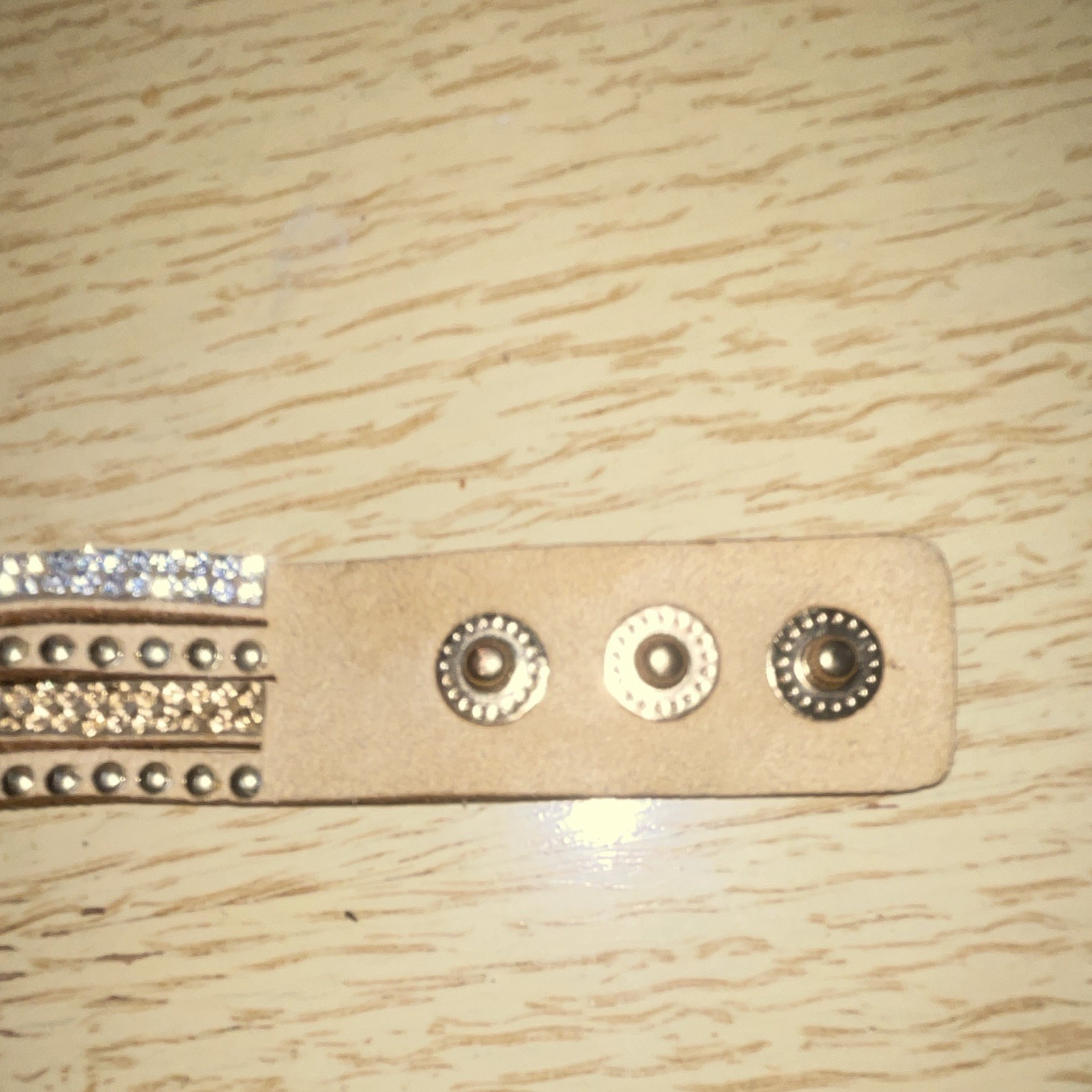 Beige Faux Leather Wrap Beaded Bracelet Snap Closure Clear Crystal Rhinestones