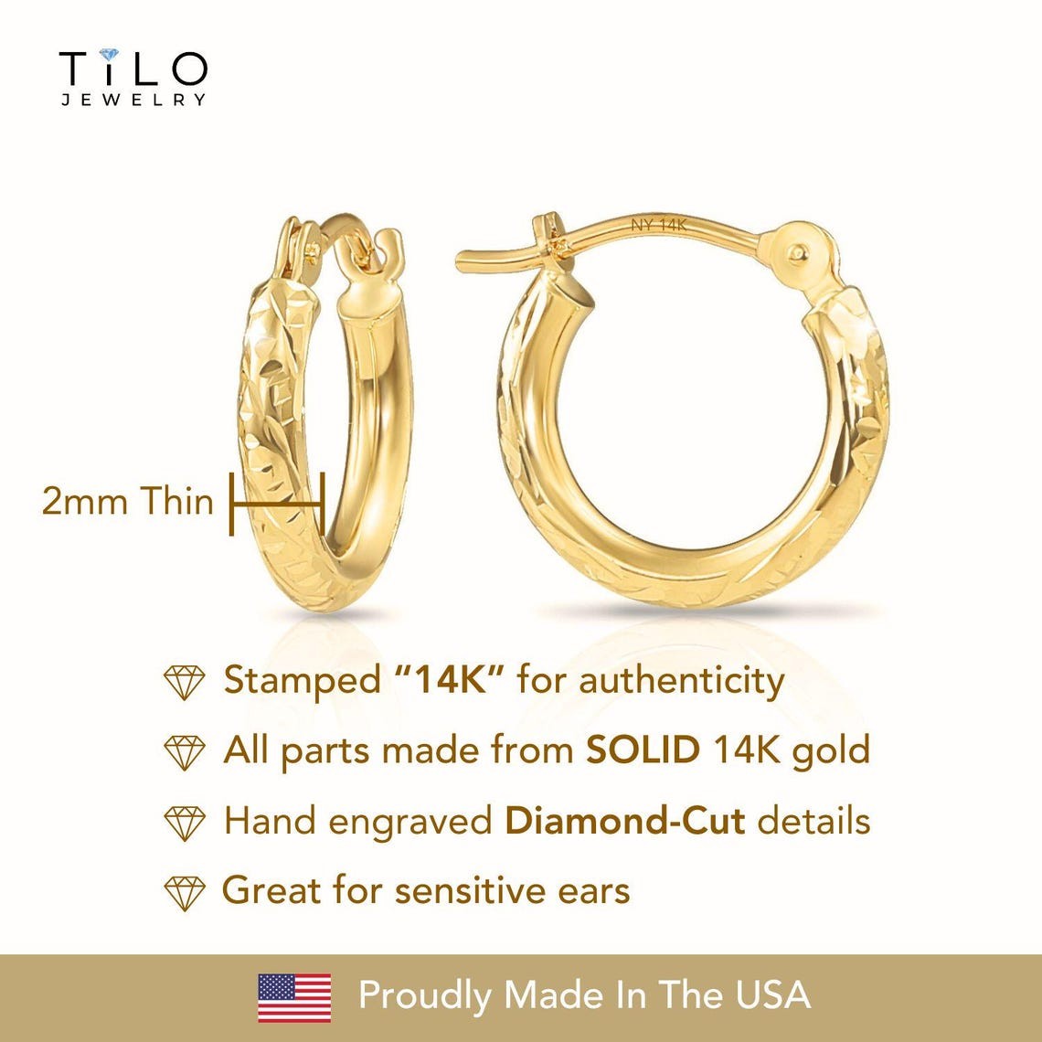 14K Real Solid Gold Hand Engraved Diamond-Cut Creole Hoops Earrings All Sizes