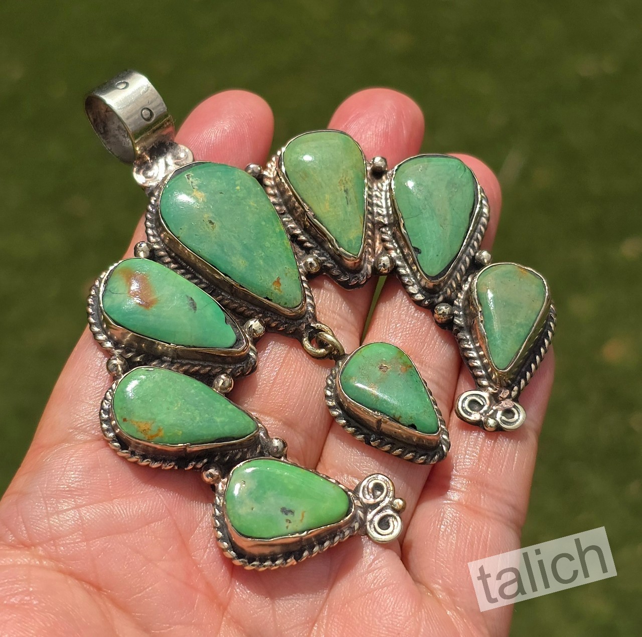 Natural Green Turquoise Tibet Silver Floral Large Naja Pendant Boho Southwestern