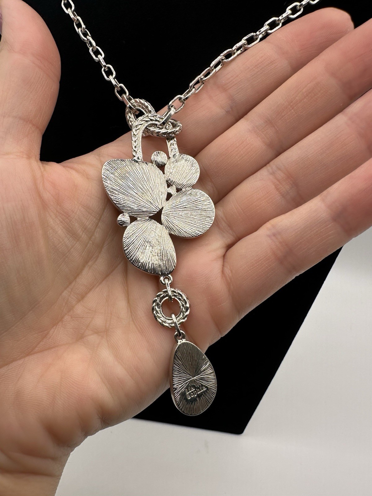 Lia Sophia Silver Tone Cable Chain Teardrop Crystal Charm Pendant Signed