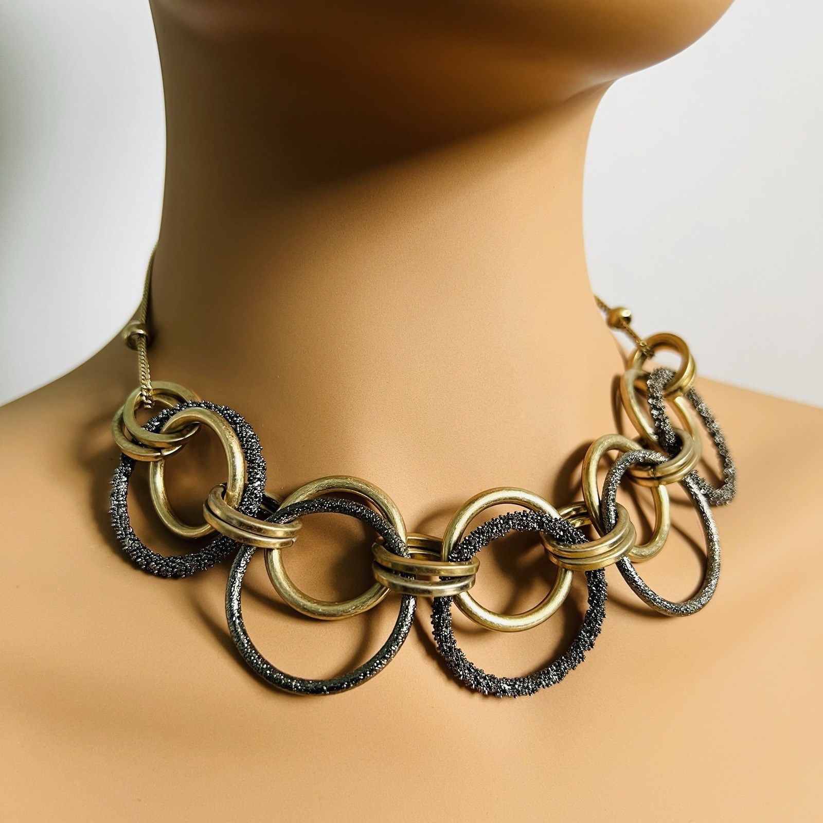 Elegant Gold & Black Chained Bib Necklace, Sparkling Hooped Statement Piece