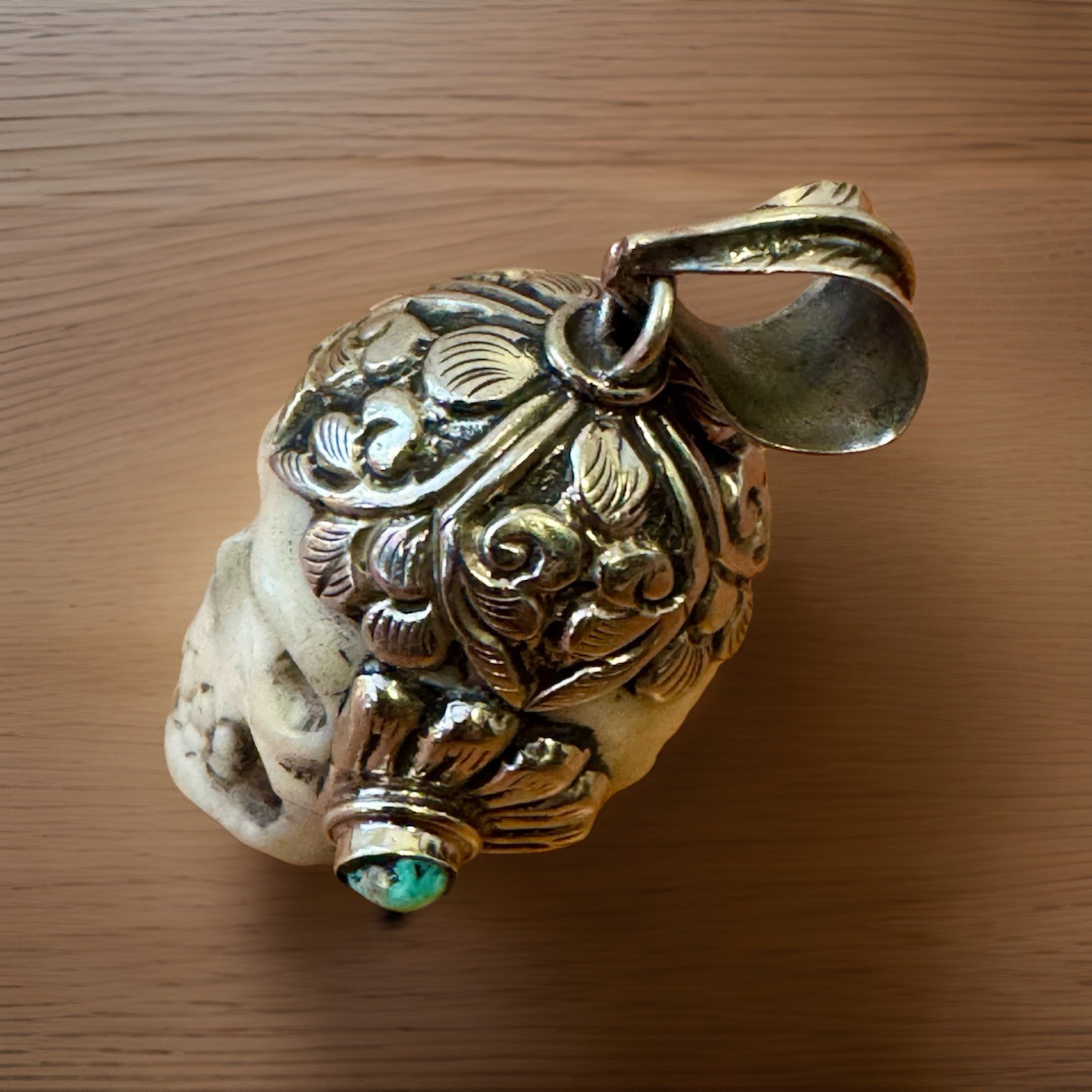 Handcrafted Bone Skull Pendant,Set in Tibetan Silver & Turquoise.2”inch & 27gram
