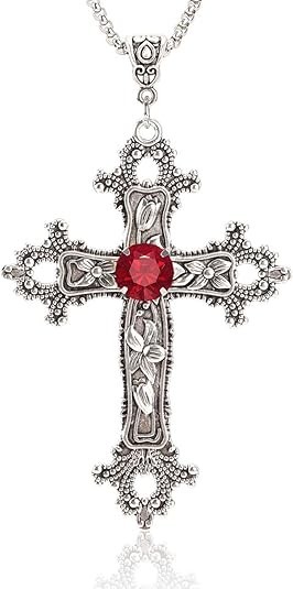 Large Gothic Cross Pendant Necklace with Red Glass Stone for Men Women