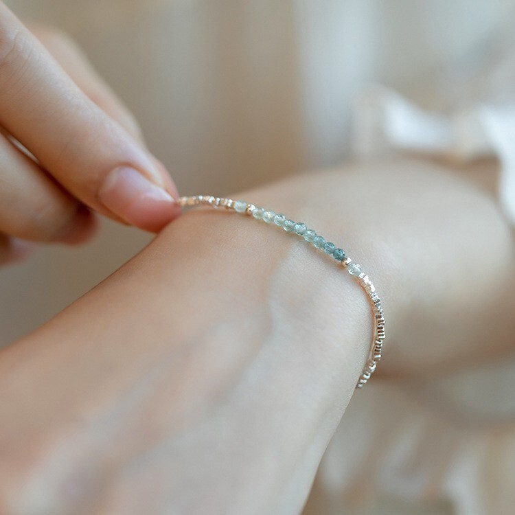 Green Tourmaline Sterling Silver Beaded Healing Protection Women Dainty Bracelet