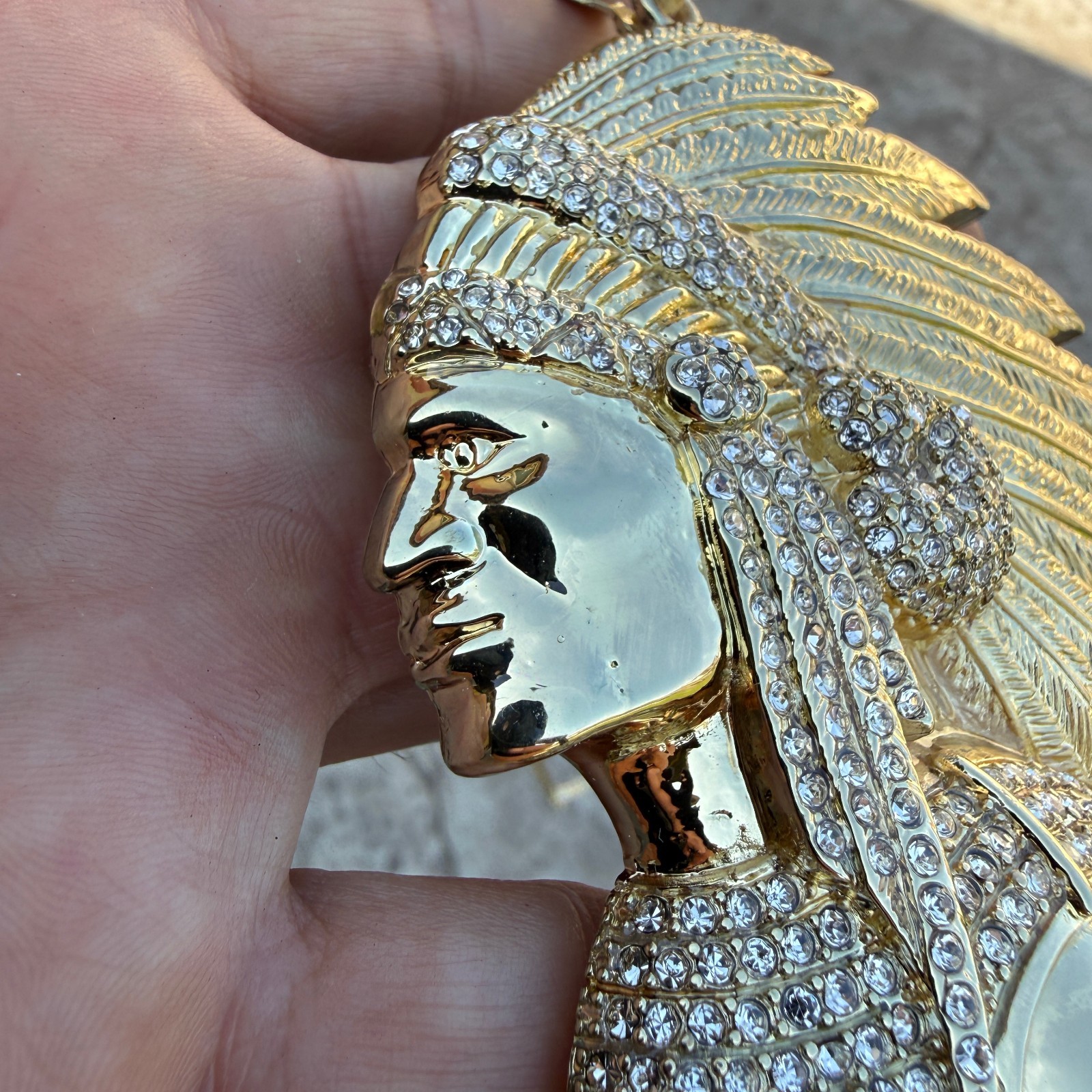 14k Gold Plated Big Apache Indian Chief Simulated CZ Pendant Franco Chain 36″