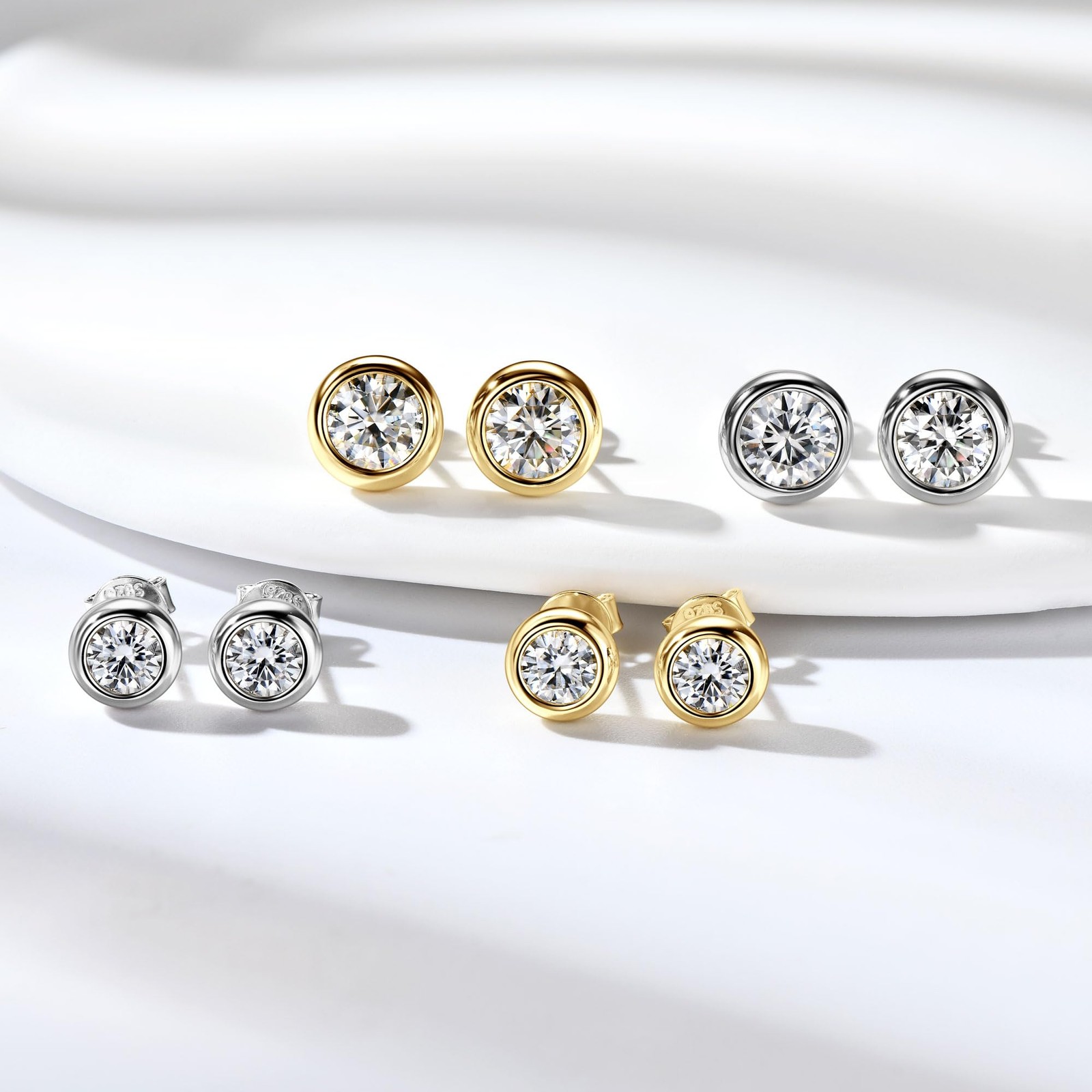 Moissanite Stud Earrings 925 Silver Bezel Set 14K Gold Plated