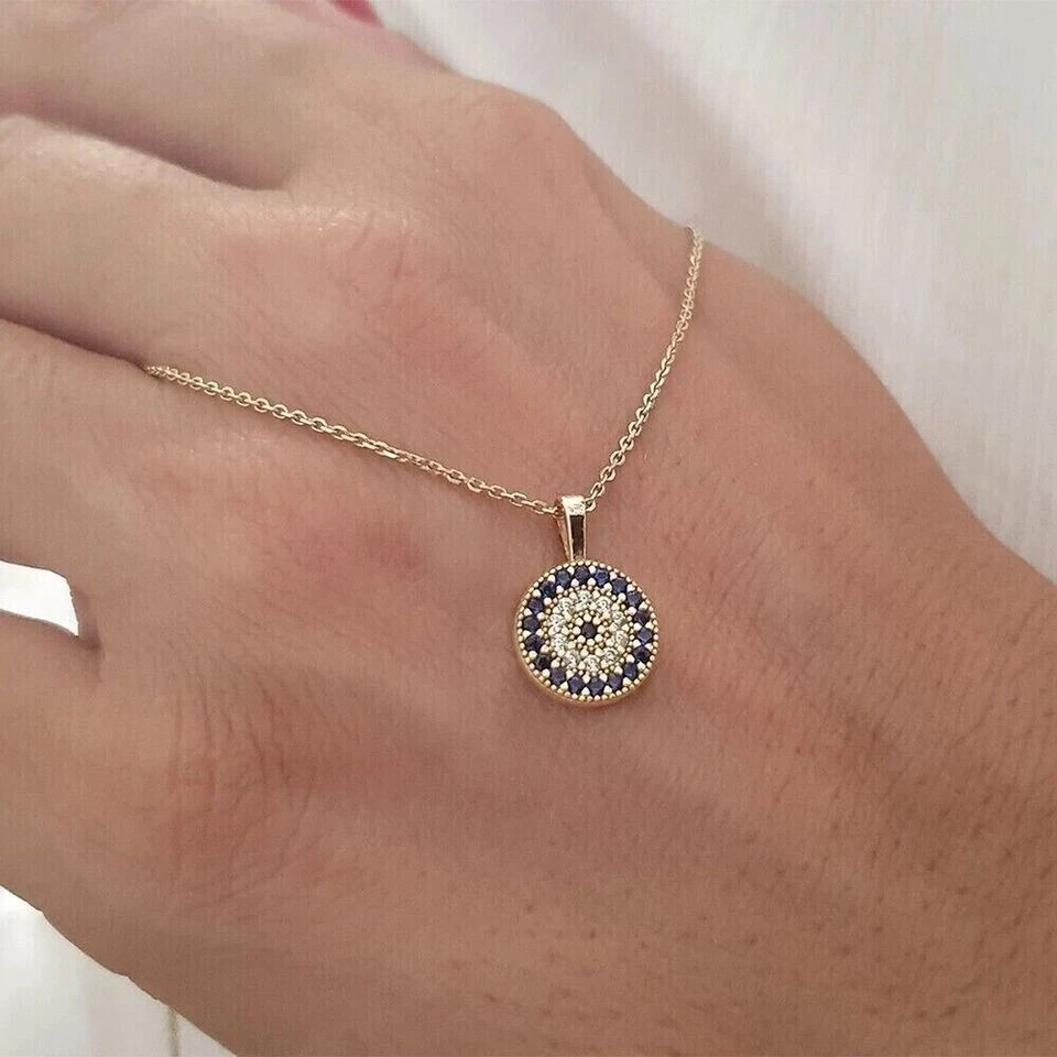 0.30 Ct Simulated Diamond Evil Eye Pendant Necklace in 14K Yellow Gold Plated