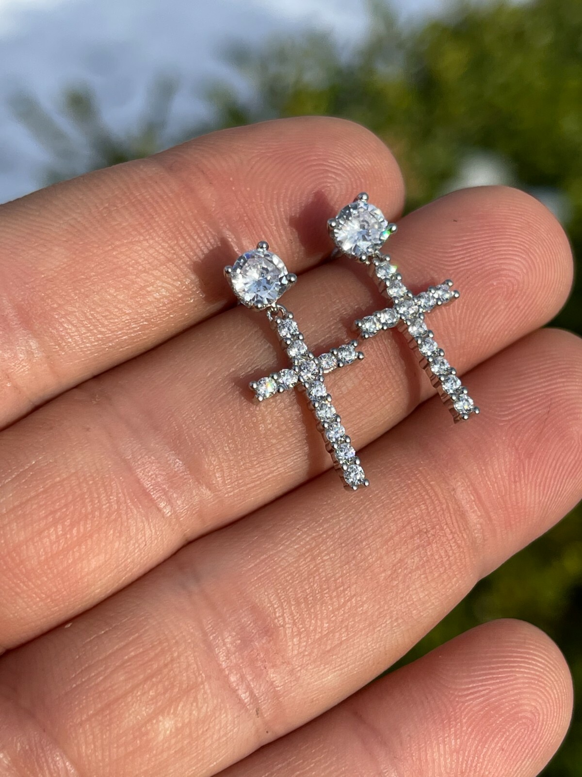 Real 925 Sterling Silver Men’s Ladies Dangle Cross Studs Earrings Iced CZ