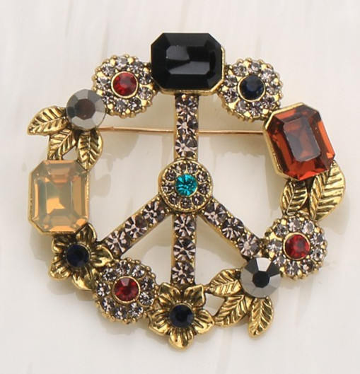 New Luxury Alloy Brooch Vintage Style Pin Rhinestone Peace Sign Artificial Stone