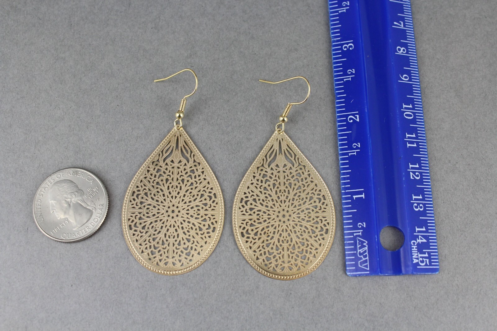 Gold earrings teardrop dangle shiny VERY lightweight filigree earrings 2.5″ long