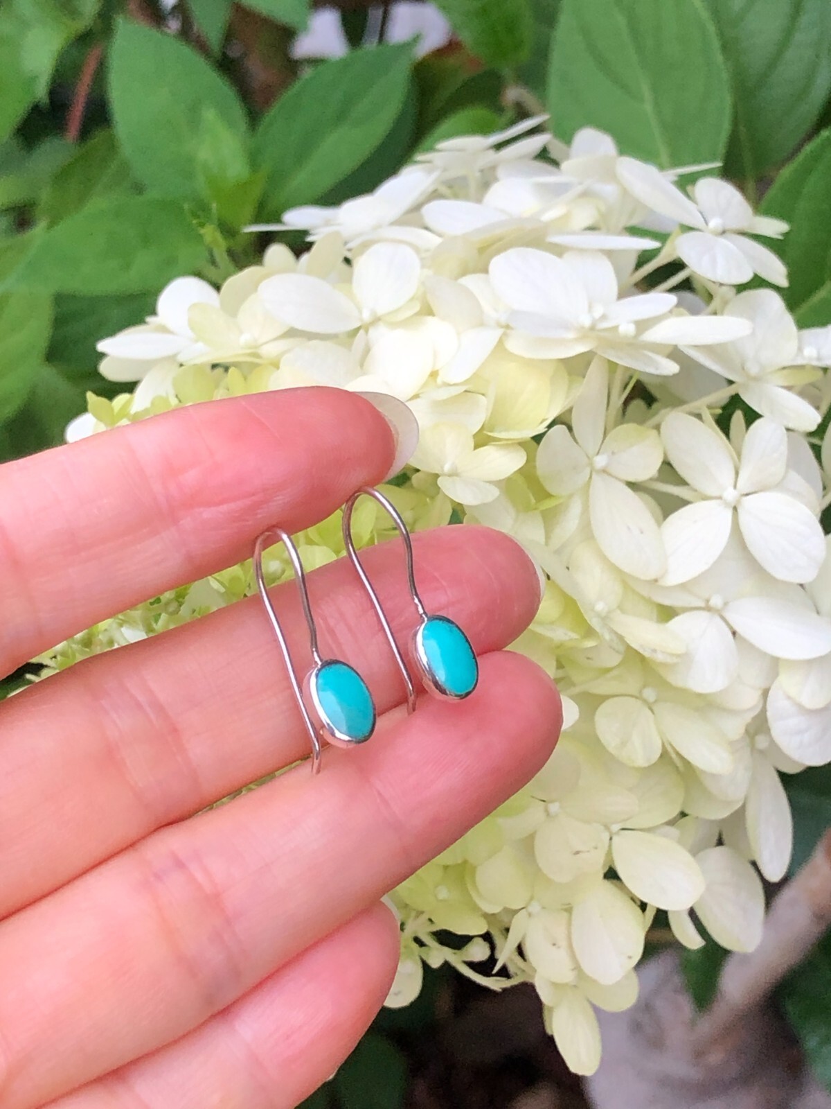 925 Sterling Silver Oval Turquoise Dangle Earrings Tiny Dainty Turquoise 7.5mm