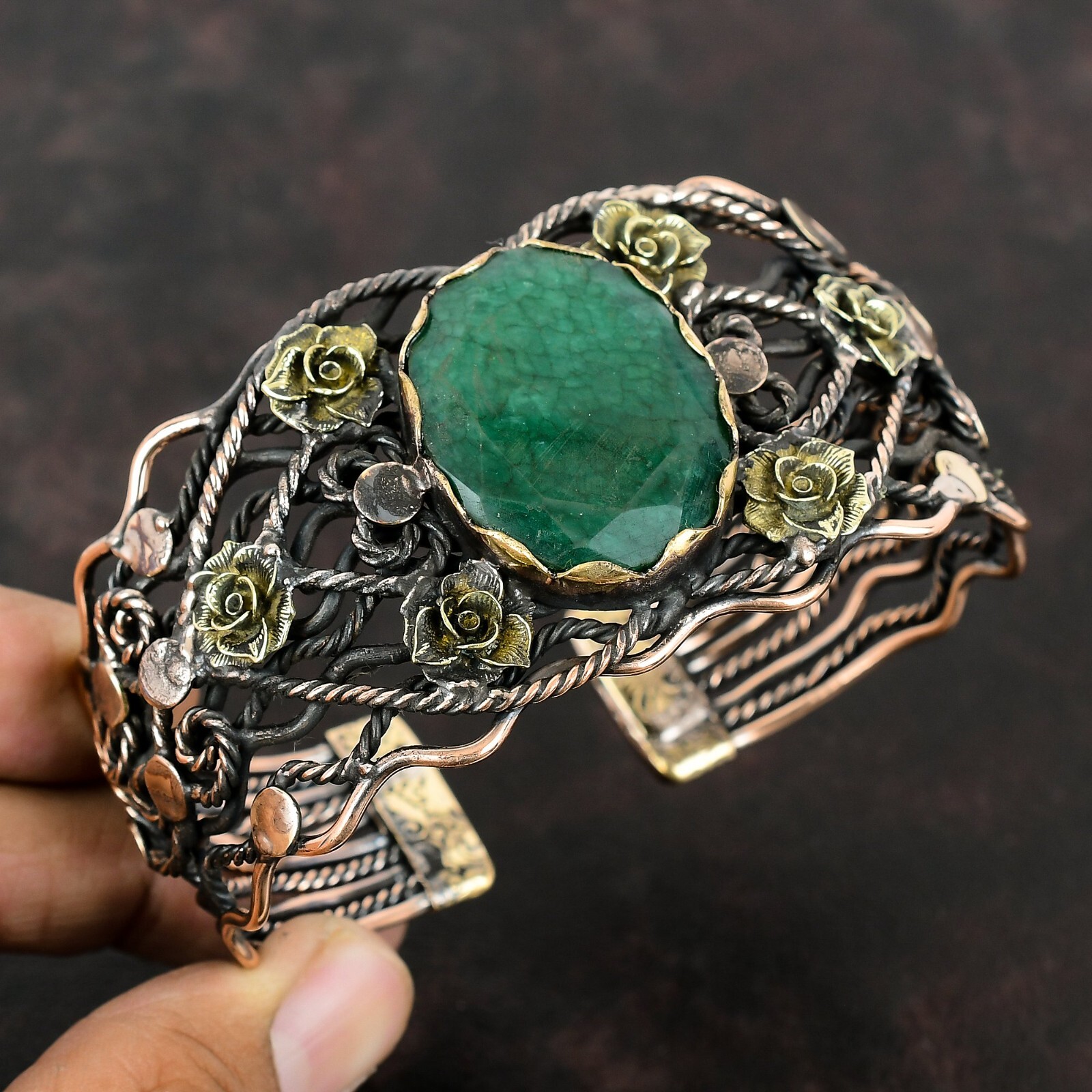 Womens day Sale Zambian Emrald Stone Wire Wrapped Flower Bangle Jewelry Copper