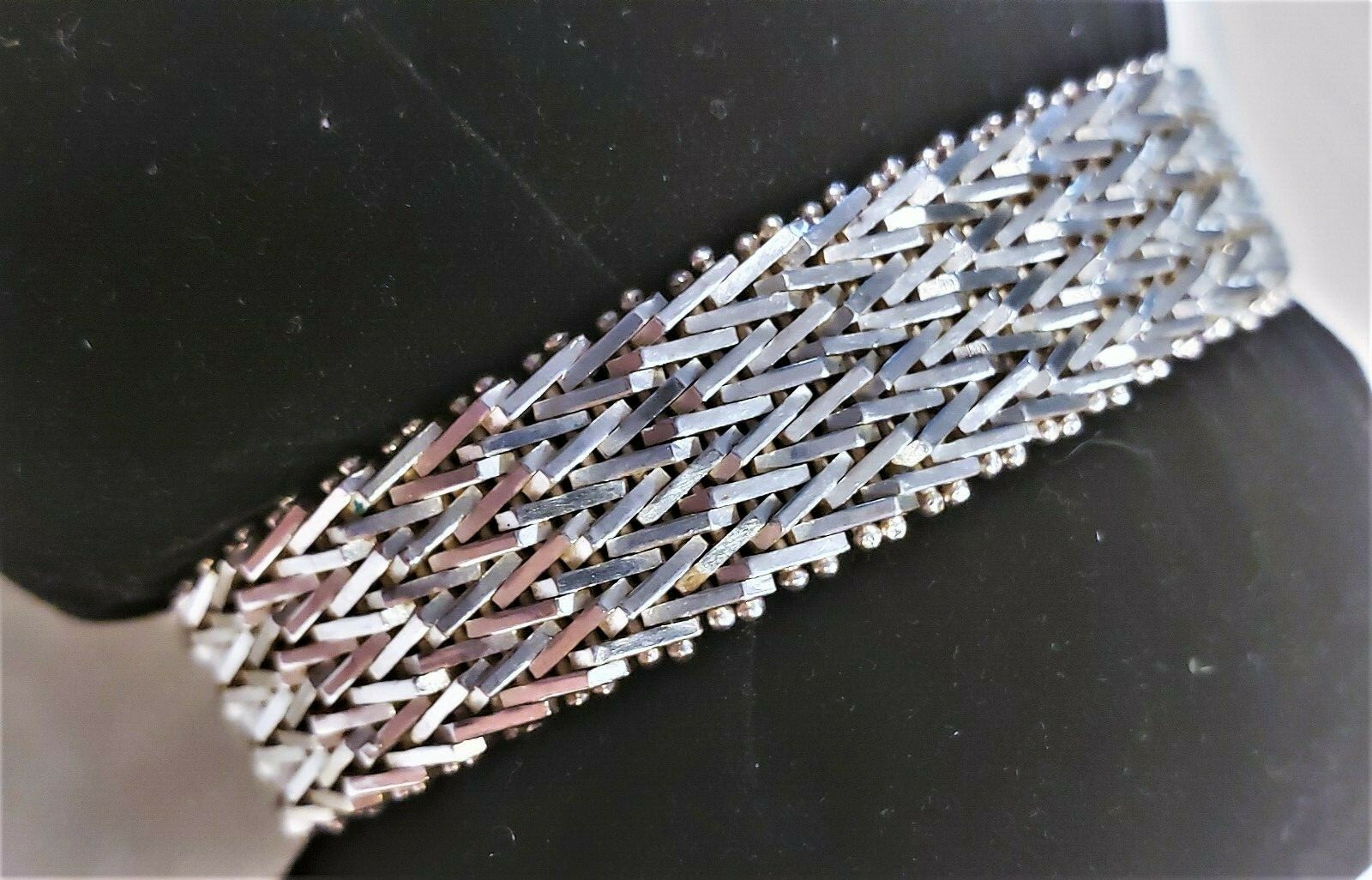 Vintage 1970s-80s Wide Woven Mesh Sterling Bracelet Signed Mexico TJ-19
