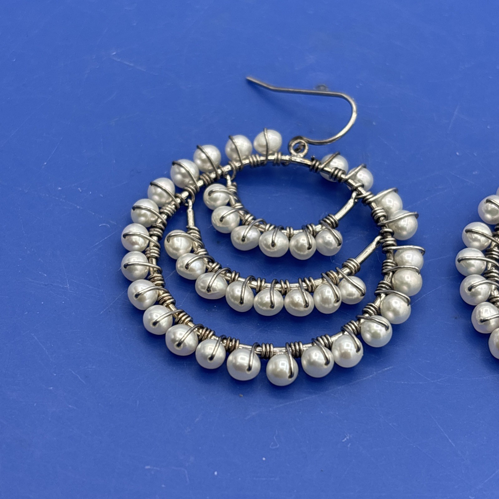925 Sterling Silver Multi Hoop Wire Wrapped Faux Pearl Dangle Earrings 1.5″