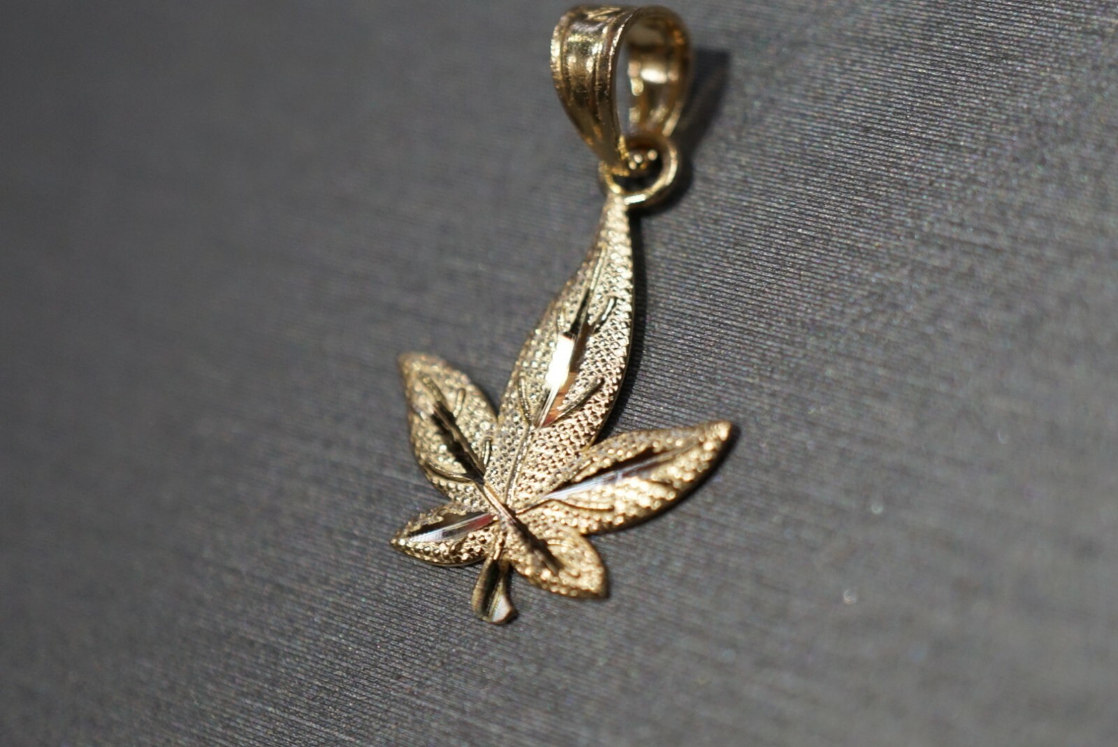 14K Solid Yellow Gold Tiny Diamond Cut 0.8″ Marijuana Leaf Charm Pendant.