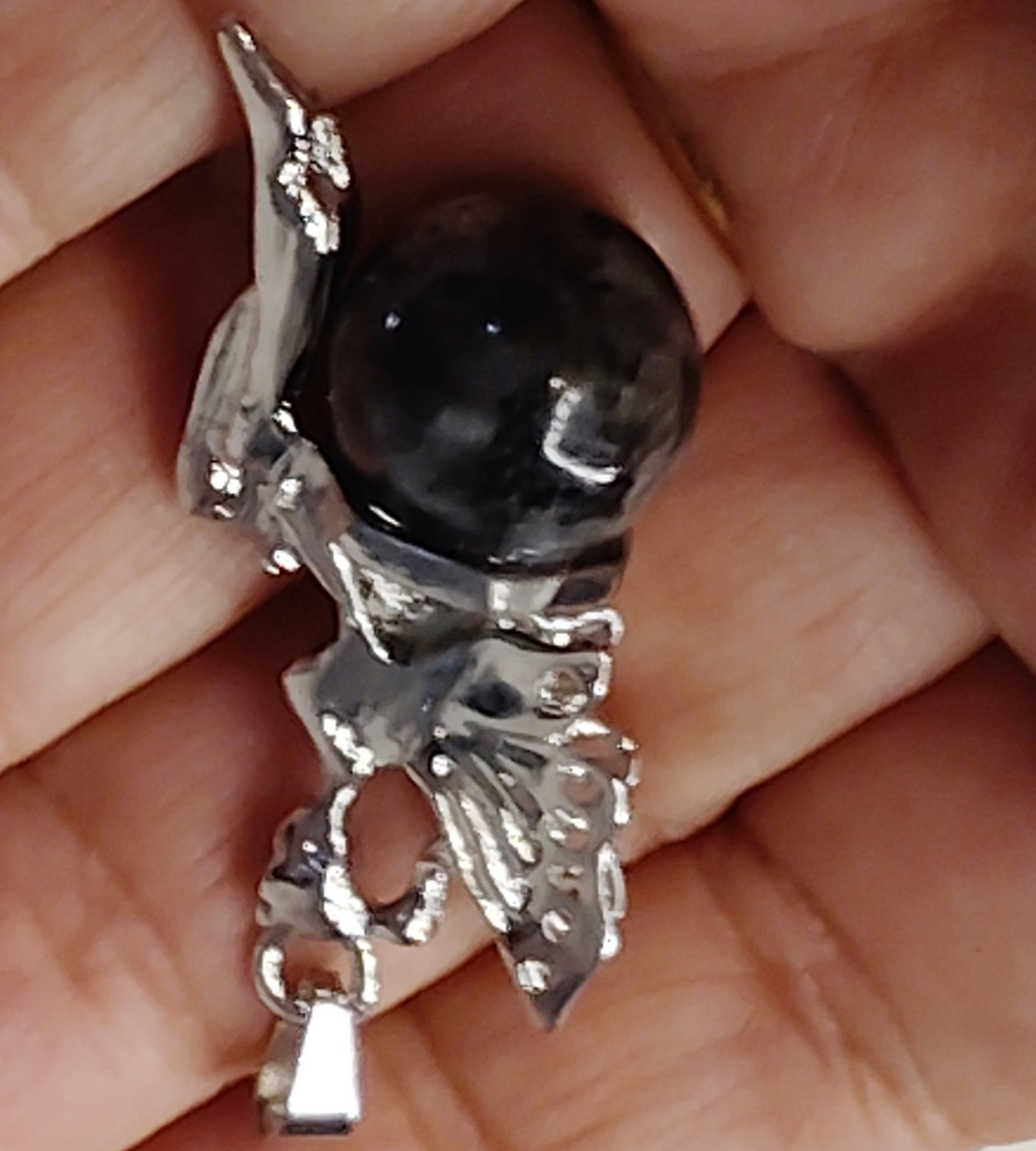 Silver Tone Fairy Fantasy Charm Pendant Asymmetrical Round Black Stone