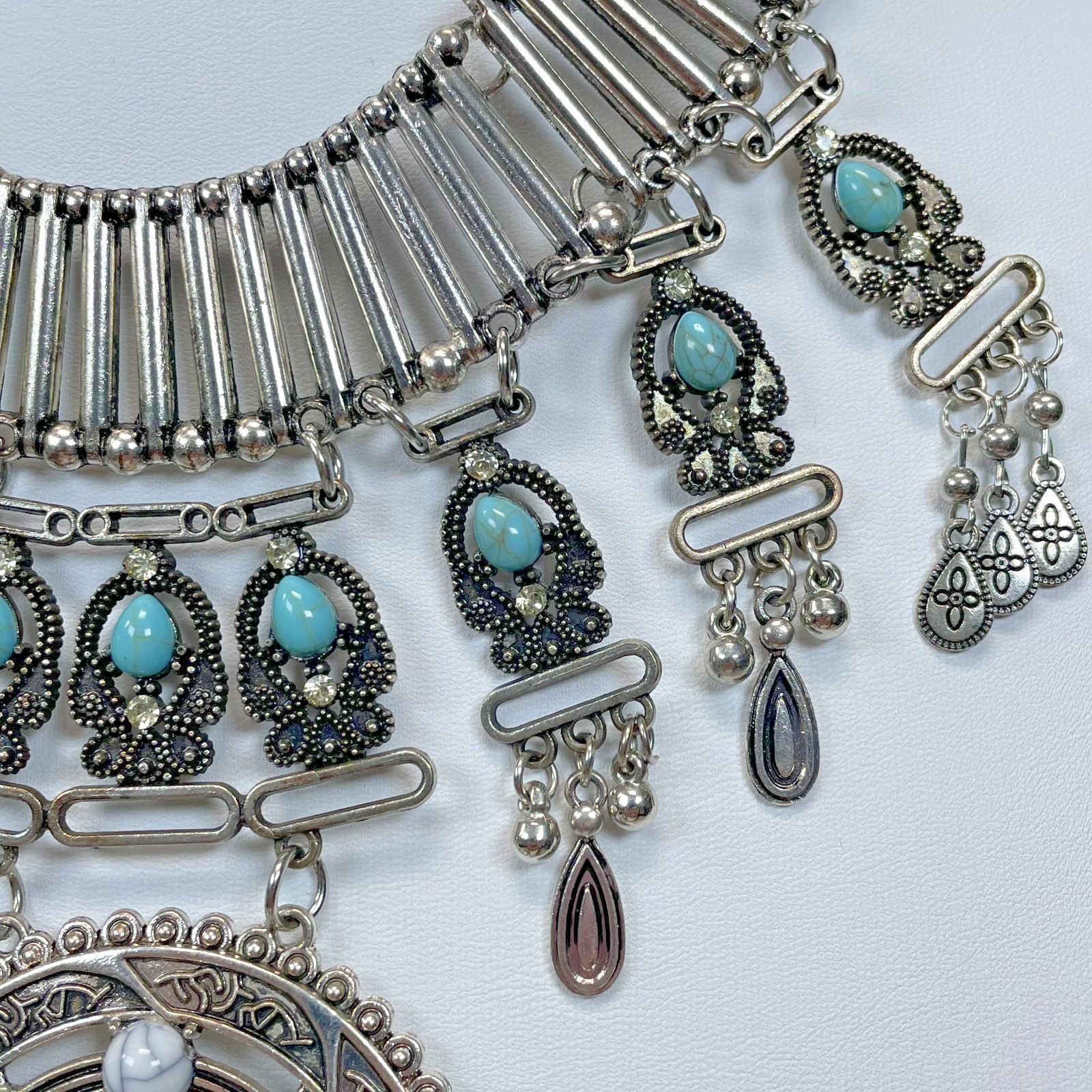 Silver Tone Faux Turquoise Matrix Statement Necklace Feather Bead Southwestern