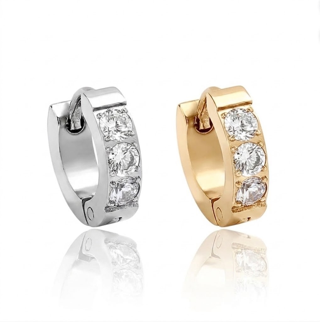Stainless Steel Huggie Hoop Earrings CZ Gold Silver