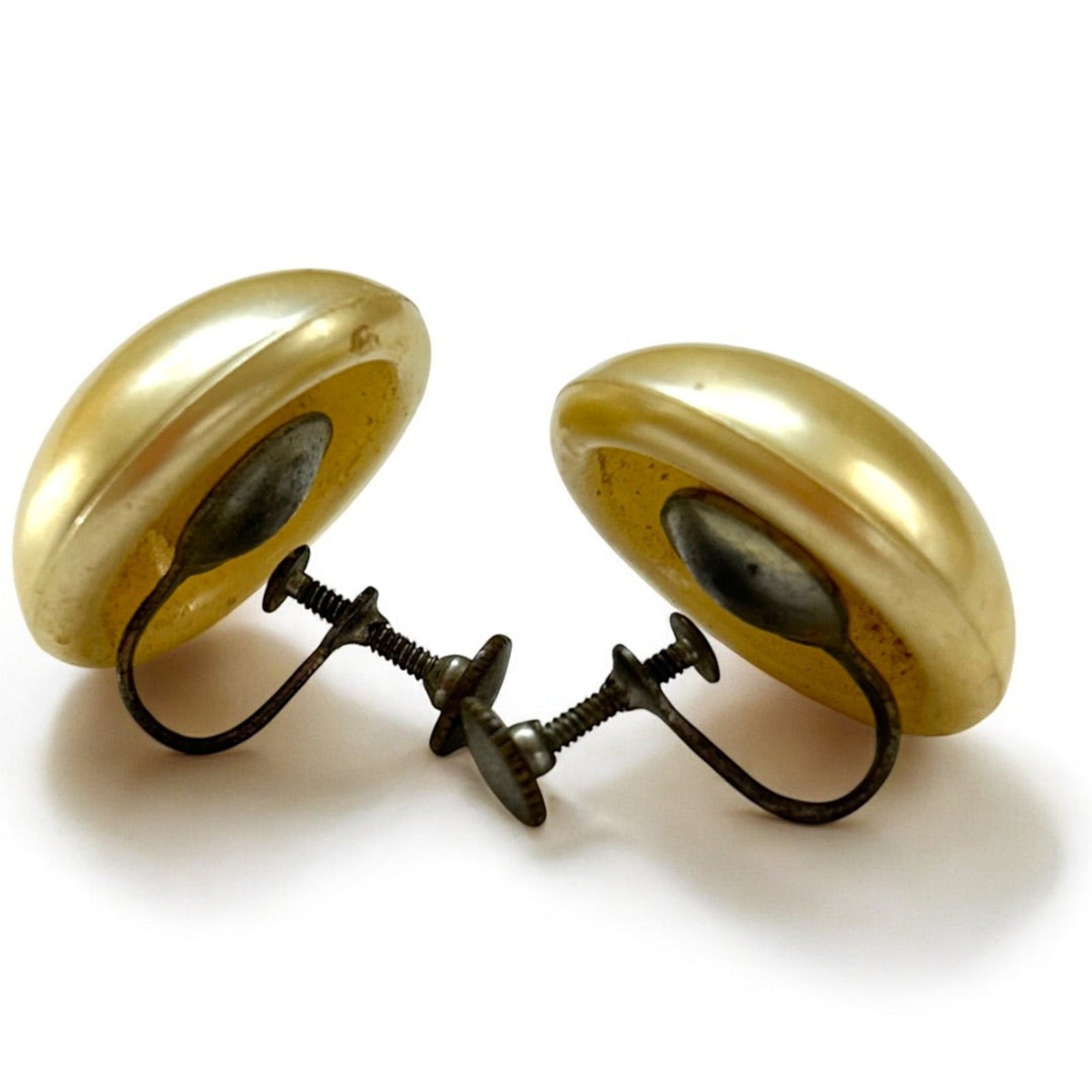 Vintage Screw Back Non-Pierced Earrings Faux Pearl Button 1 Inch Diameter
