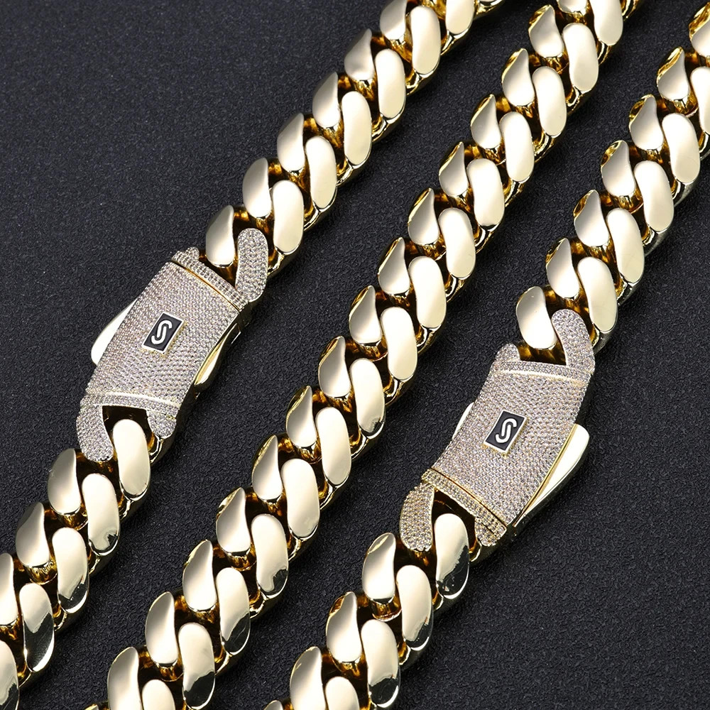 20mm Cuban Link Chain Necklace Bracelet Gold Plated Brass Iced Out CZ Hip Hop