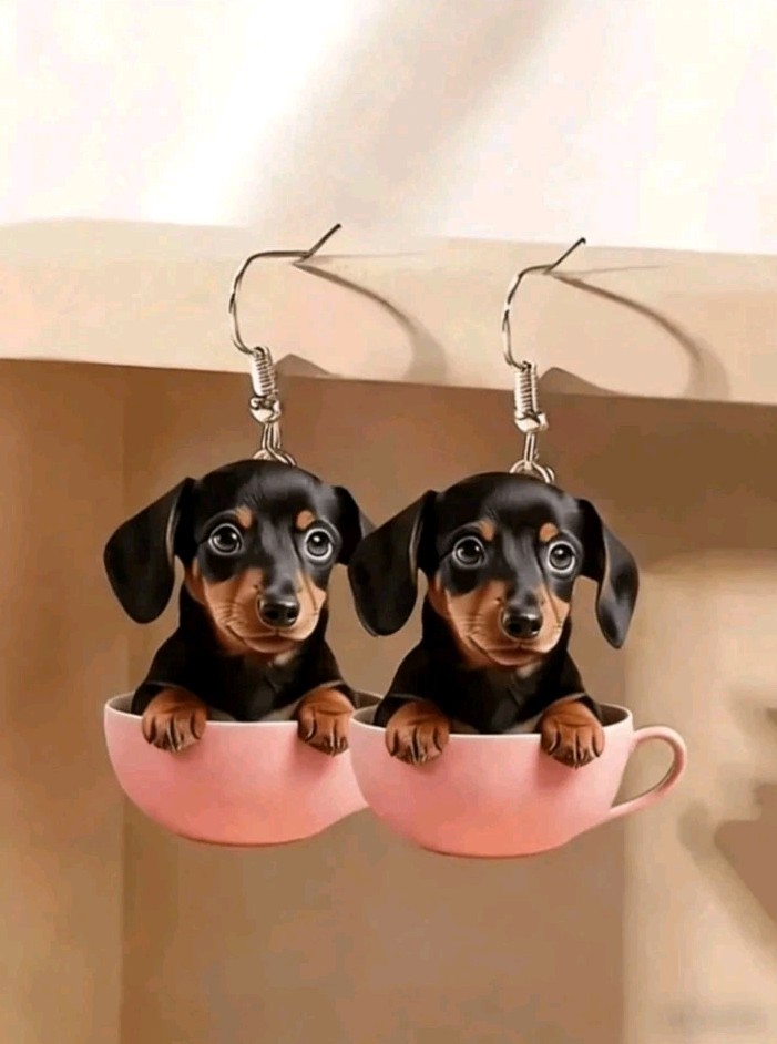Acrylic Dachshund in Teacup Dangle Drop Earrings Hook No Stone Lightweight