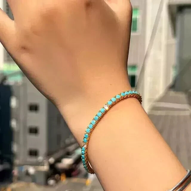 Tennis Bracelet 3mm Round Lab-Created Blue Turquoise and Diamond 14K Gold Plated