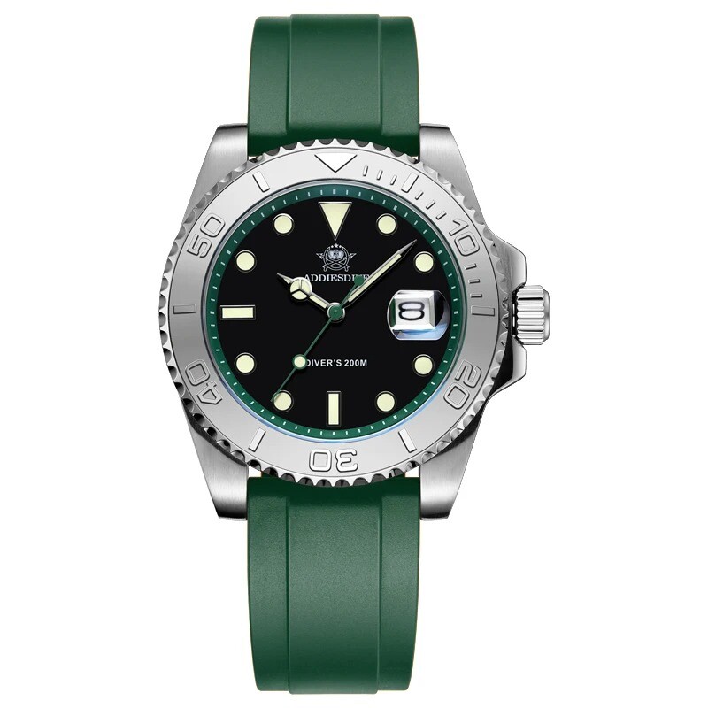 Addiesdive 41mm Quartz Dive Watch 200m Silver Stainless Steel Bezel Rubber Strap