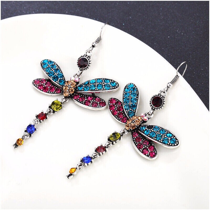 Multicolor Rainbow Dragonfly Colorful Dangle Earrings Silver Tone, Radiant