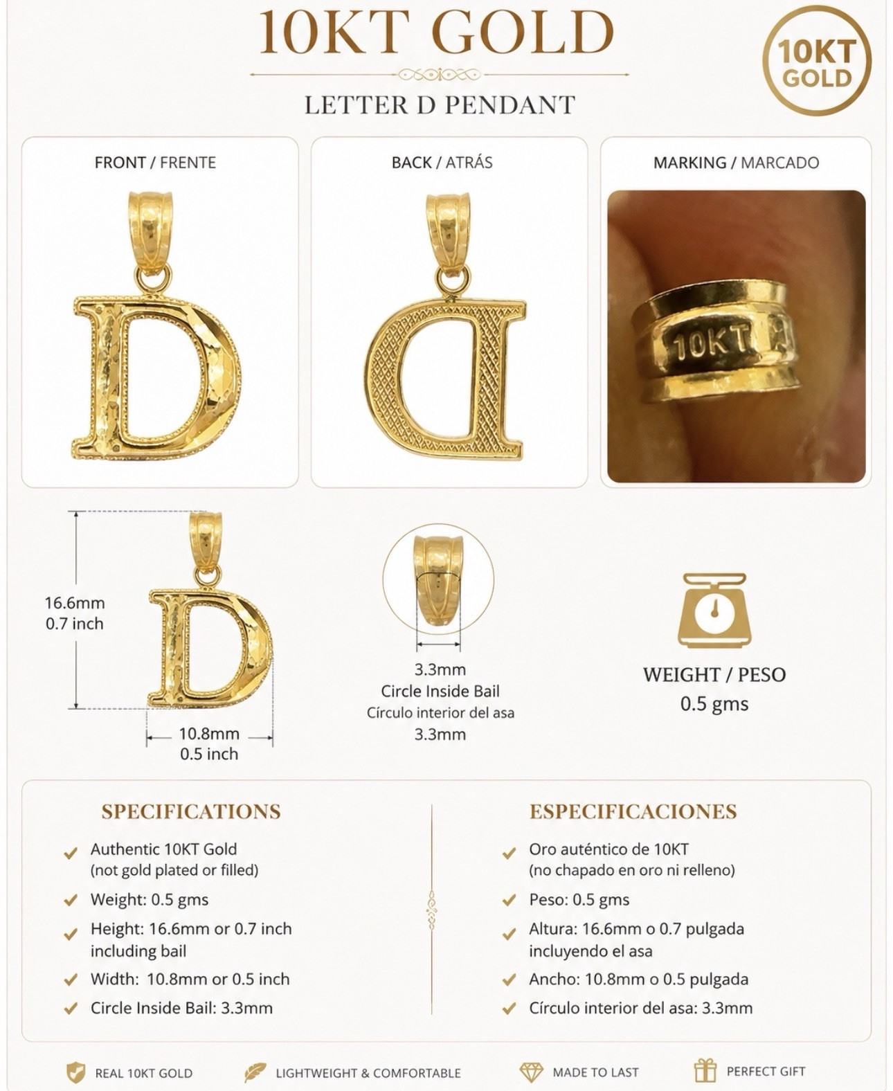 10kt Gold Letter D 0.5gm