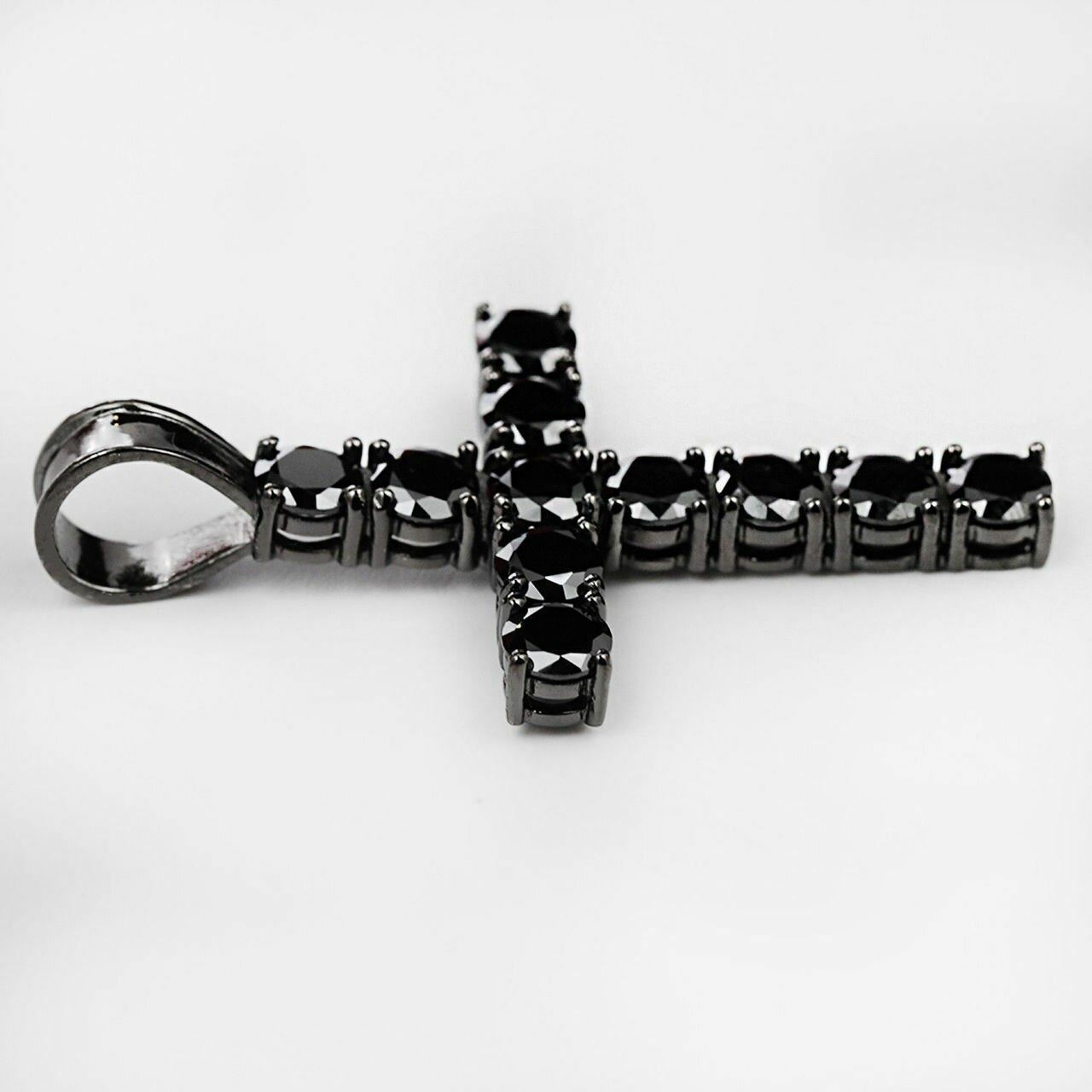 Tennis Chain W. Cross Solid Real 925 Sterling Silver 4mm Black CZ 1 Row