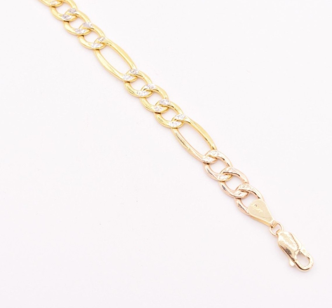 6.5mm Figaro Link Bracelet Pave Two Tone Real Genuine 10K Yellow White Gold