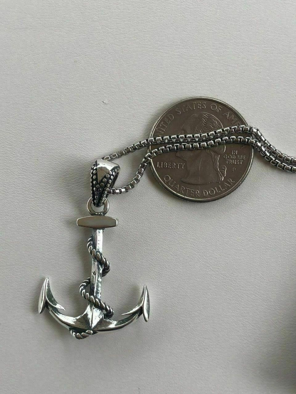 Solid 925 Sterling Silver Nautical NAVY Anchor Mens Pendant W. 22” Chain 1×1.5”