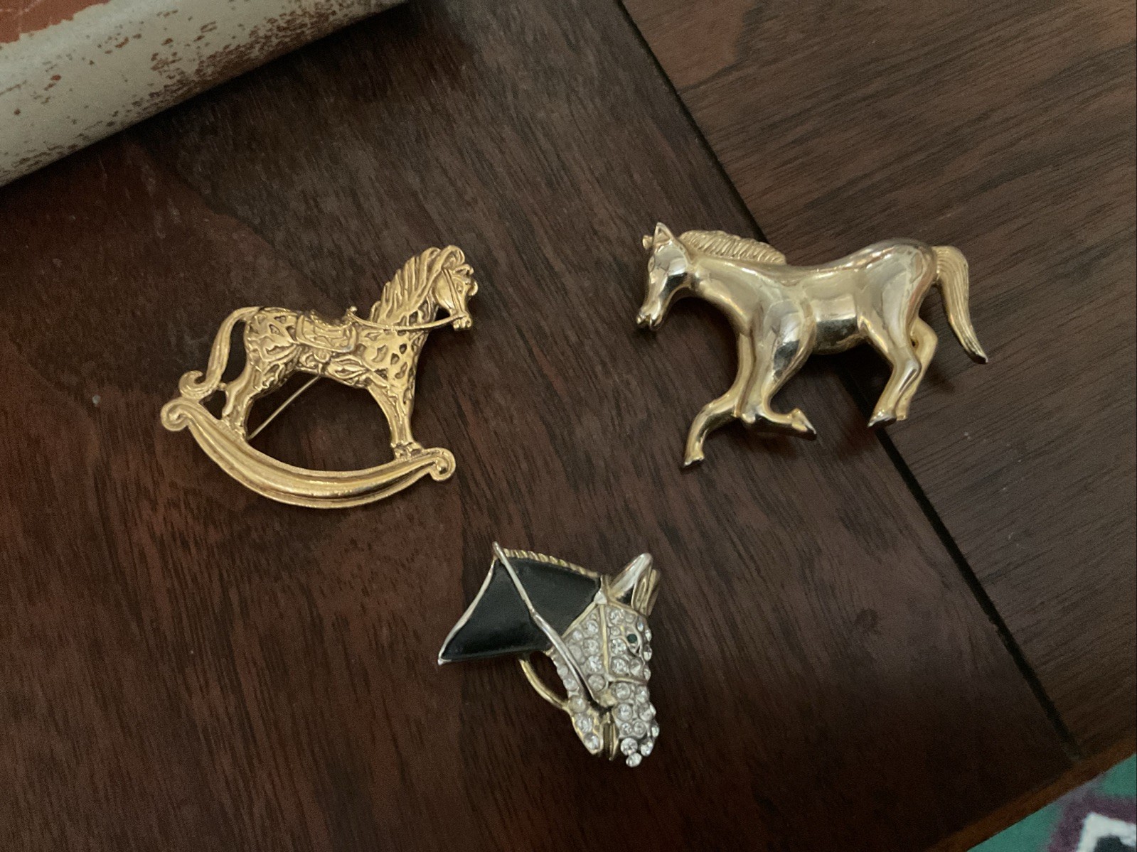 3 Vintage Pins, Horse Head With Rhinestones, Running Horse, And Rocking Horse