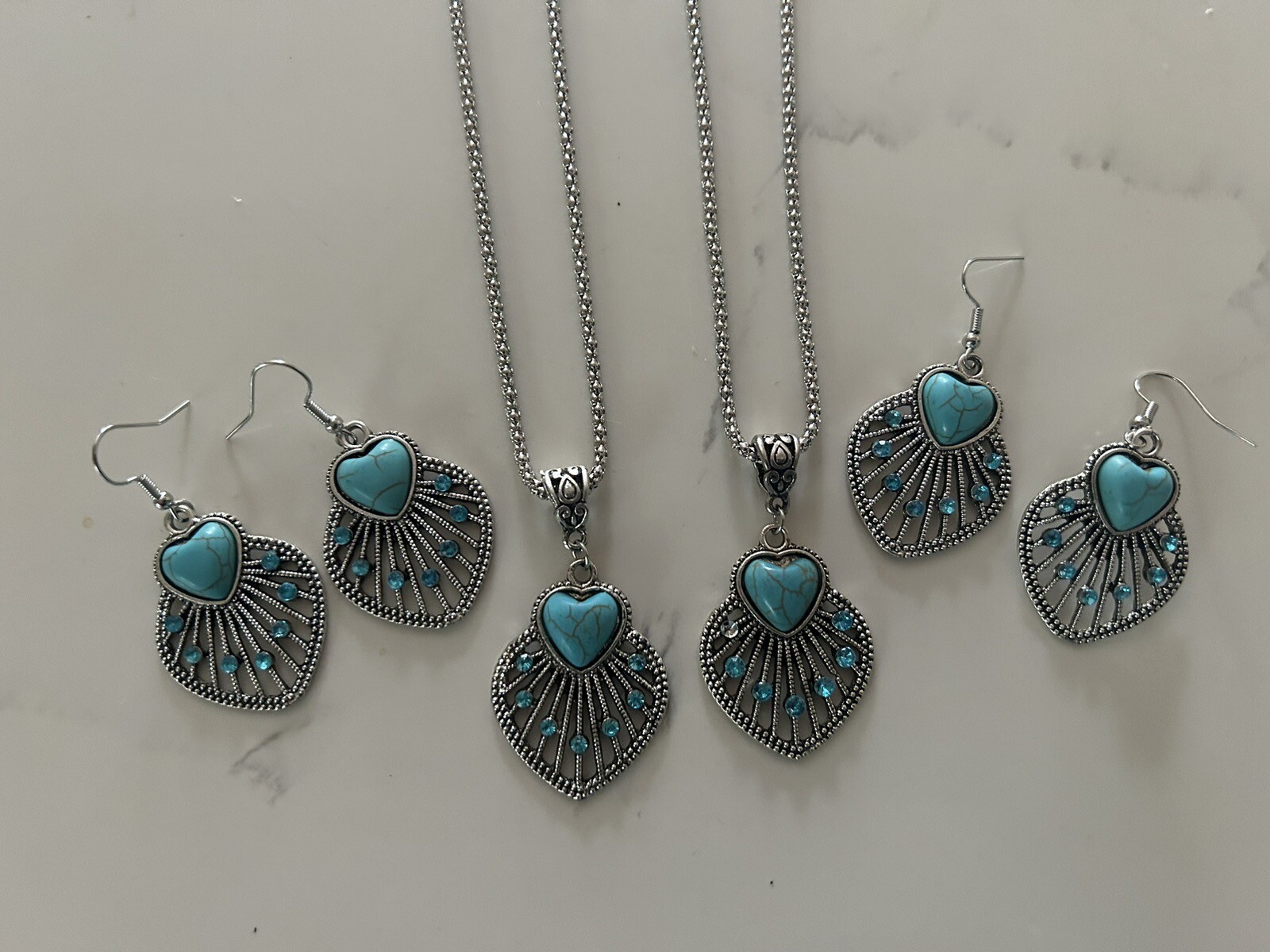2 New Turquoise Heart Necklace-earring Sets (buyer Gets Both Sets-$6.50 Per Set)