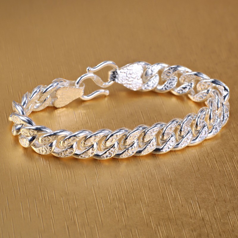 Real 999 Fine Silver 9mm Wider Fu Pattern Curb Link Bracelet 7.48inch