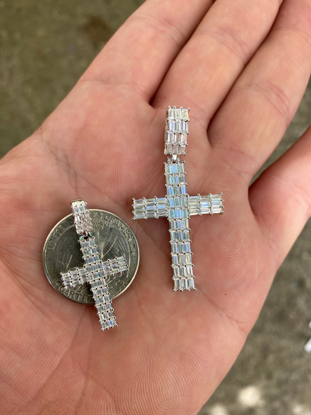Solid 925 Sterling Silver Cross Pendant Baguette Iced CZ Necklace Hip-Hop