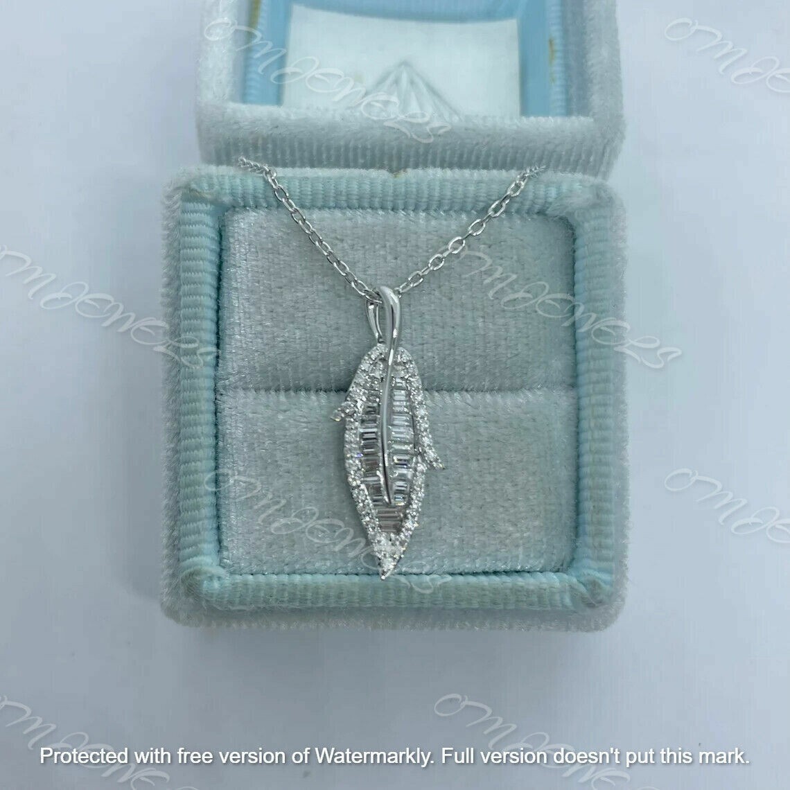 1Ct Round Baguette Cut Diamond Leaf Pendant 18K White Gold Finish 18″ Free Chain