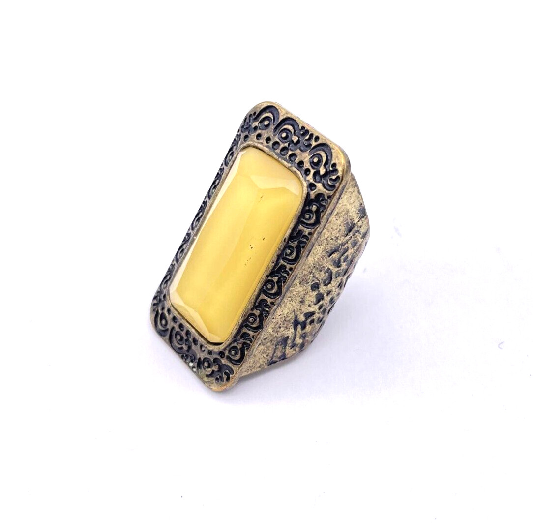 Faceted Rectangle Amber Gemstone Hand Engraved Ring Size 6