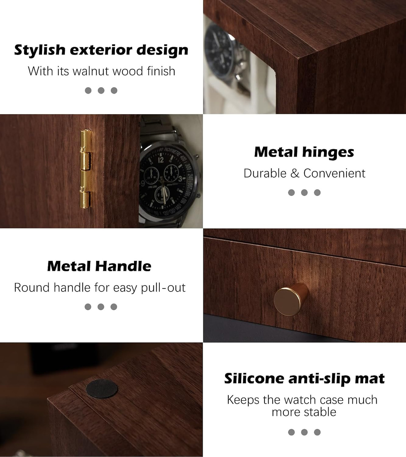 Wooden Watch Box for Men, Display Case with 6 Slots, Organizer for Watches