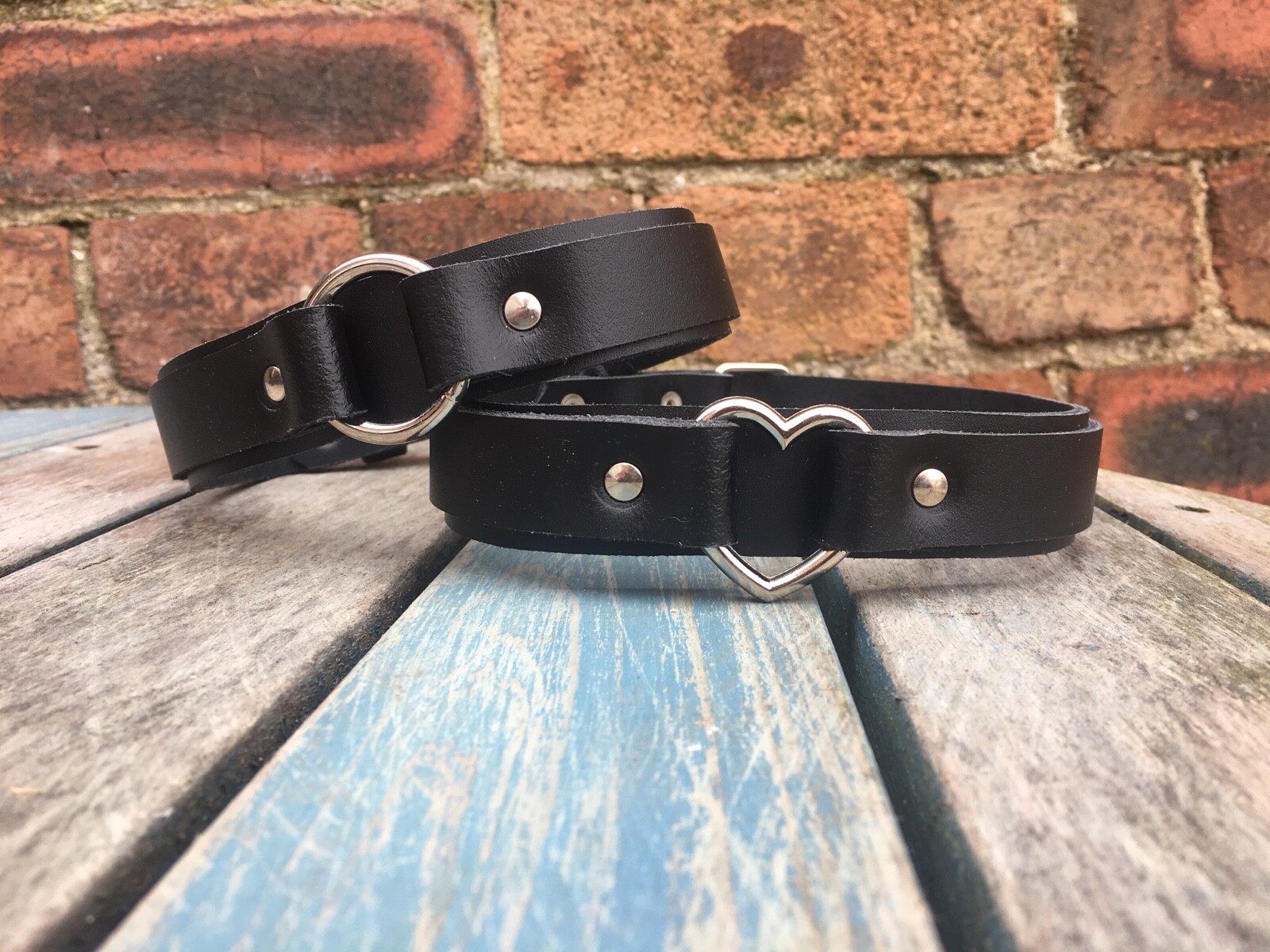 Real Leather O or Heart Ring Strap Choker Necklace Choice of Colours Handmade