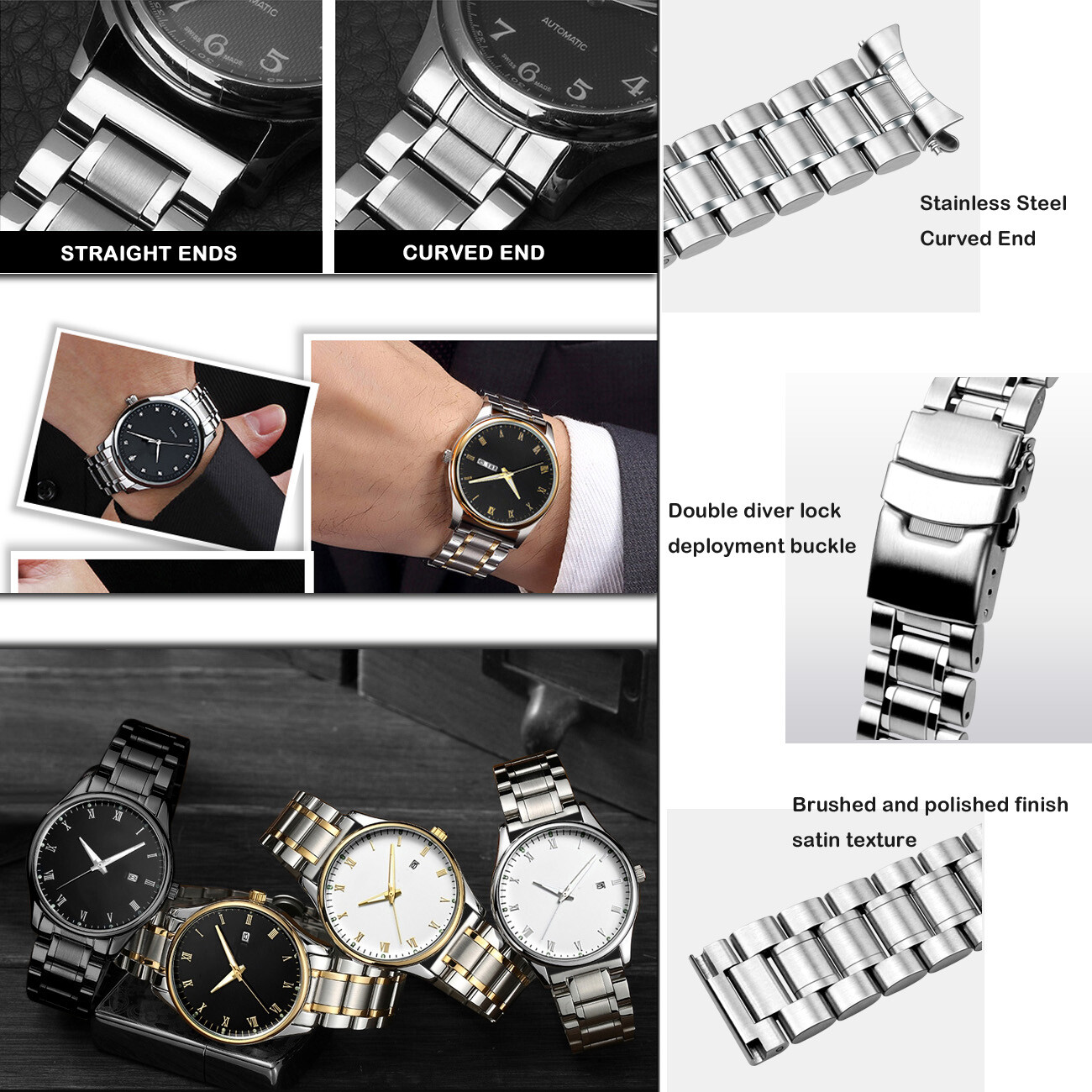 20mm 22mm Universal Watch Bands Solid Stainless Steel with Curved Lug Ends Parts