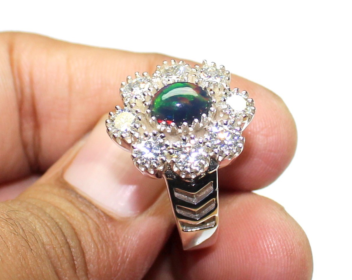 Black Opal Ring, Sparkle Moissanite 925 Silver Ring, Unique Engagement Jewelry